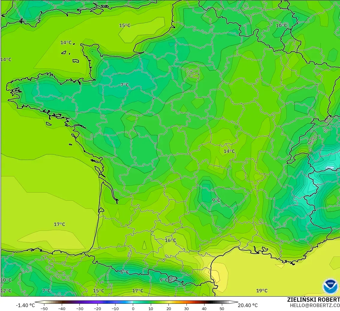 GFS モデル - フランス, 気温（2m）