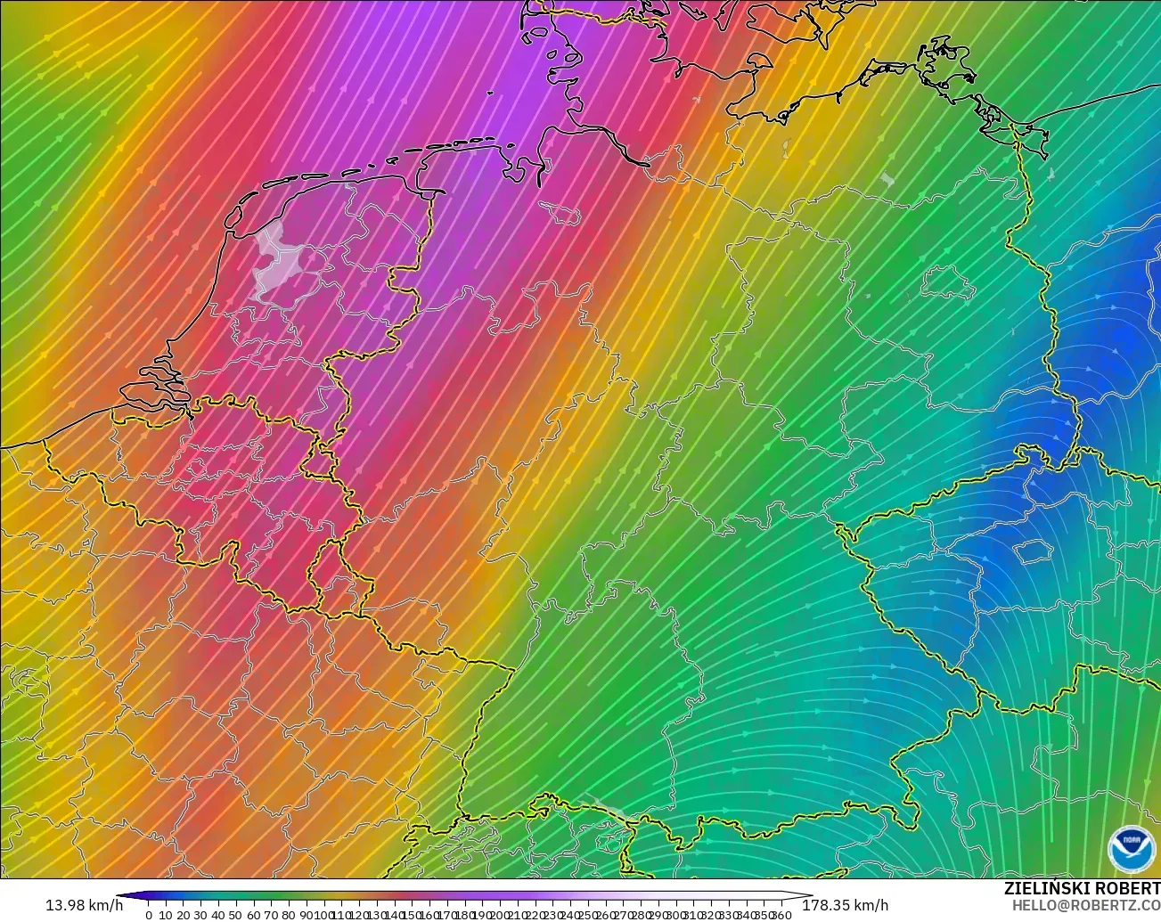 GFS モデル - ドイツ, 風速（300hPa）