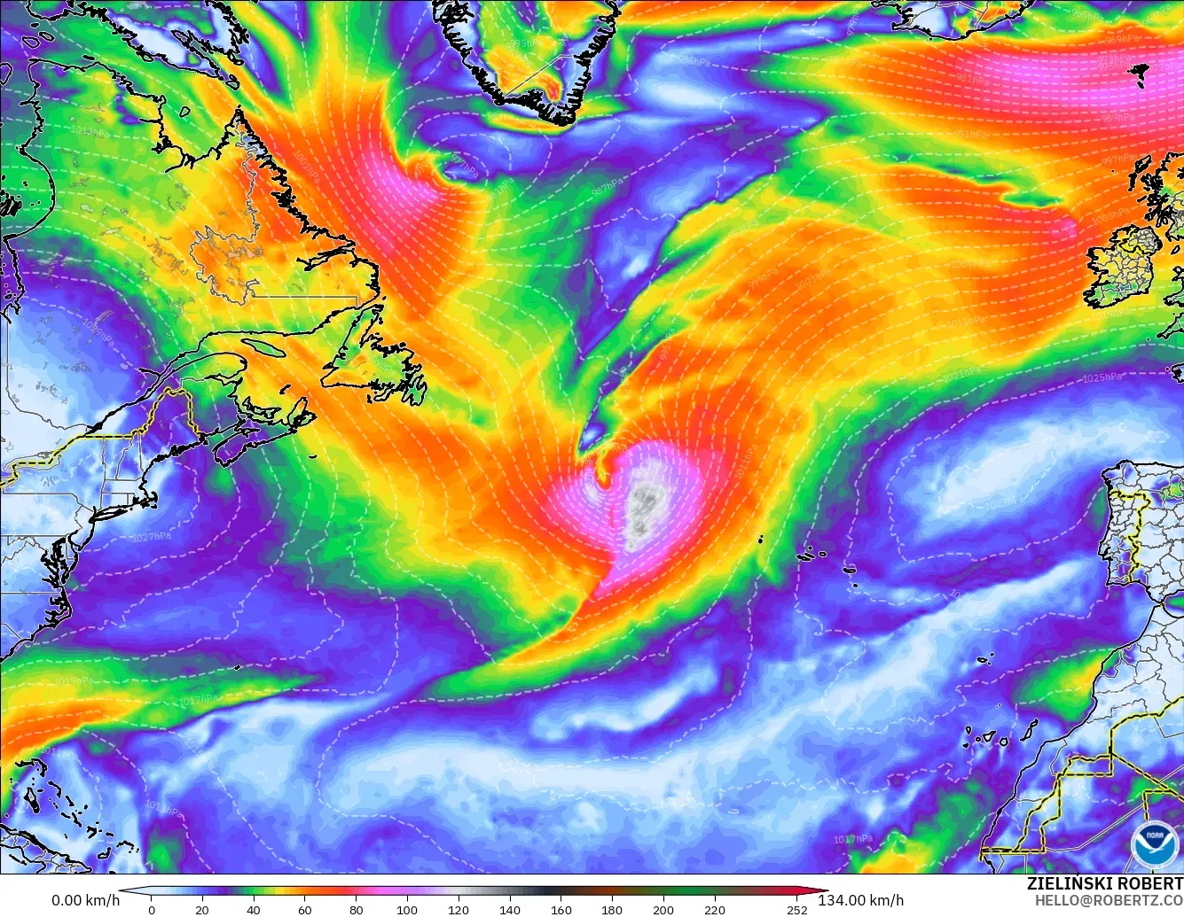 GFS モデル - 北大西洋, 突風（最大）