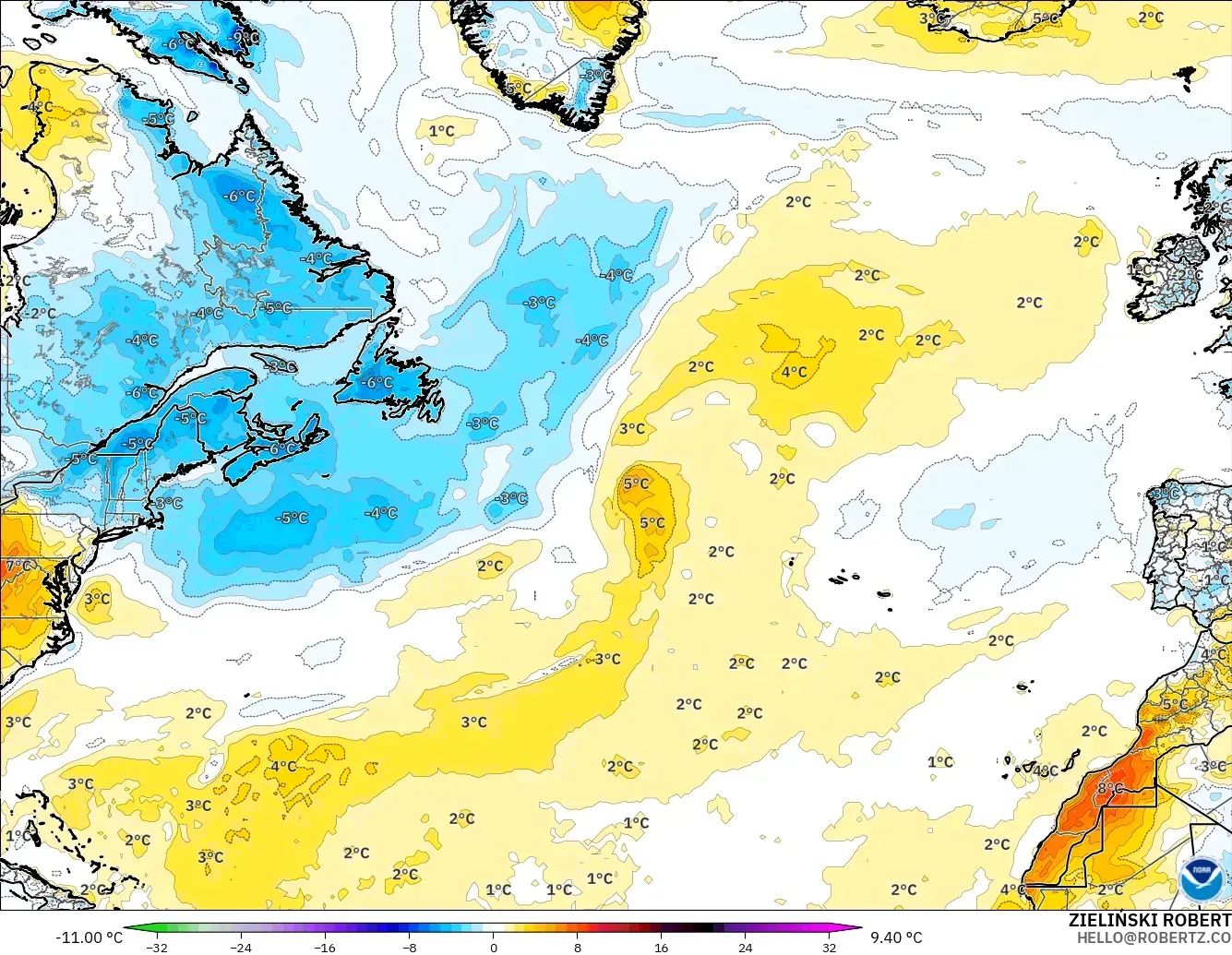 GFS モデル - 北大西洋, 気温異常（2m）