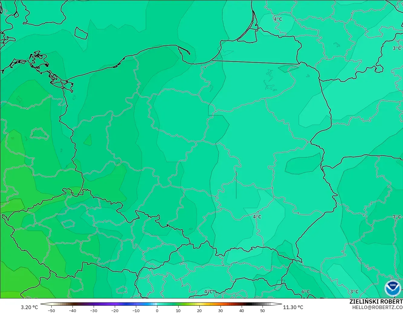 GFS モデル - ポーランド, 気温（850hPa）