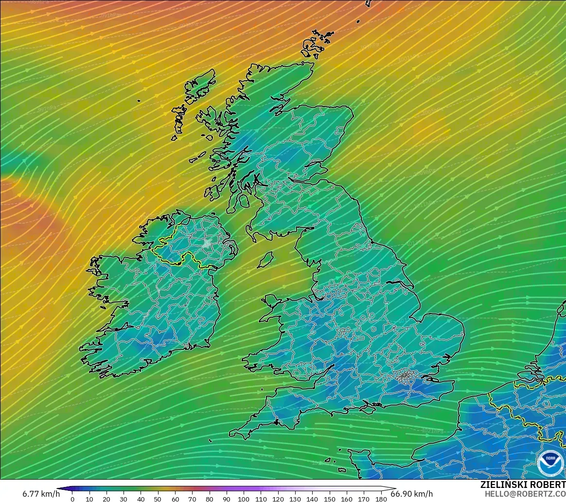 GFS モデル - イギリス, 風速（10m）