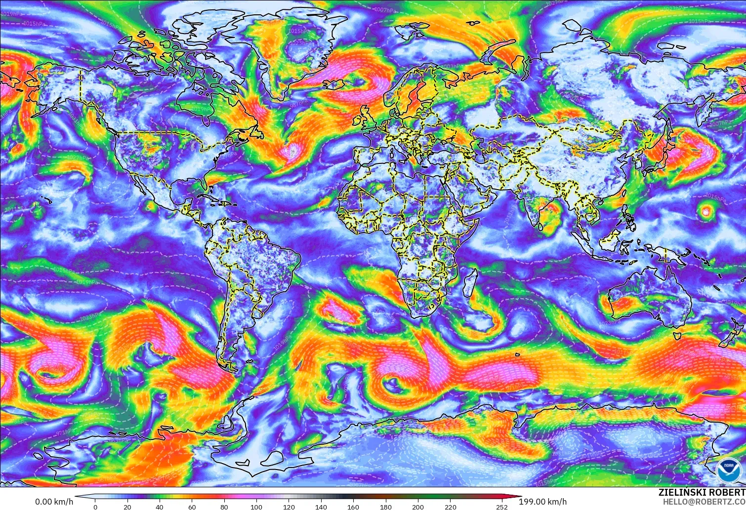 GFS モデル - 世界, 突風（最大）