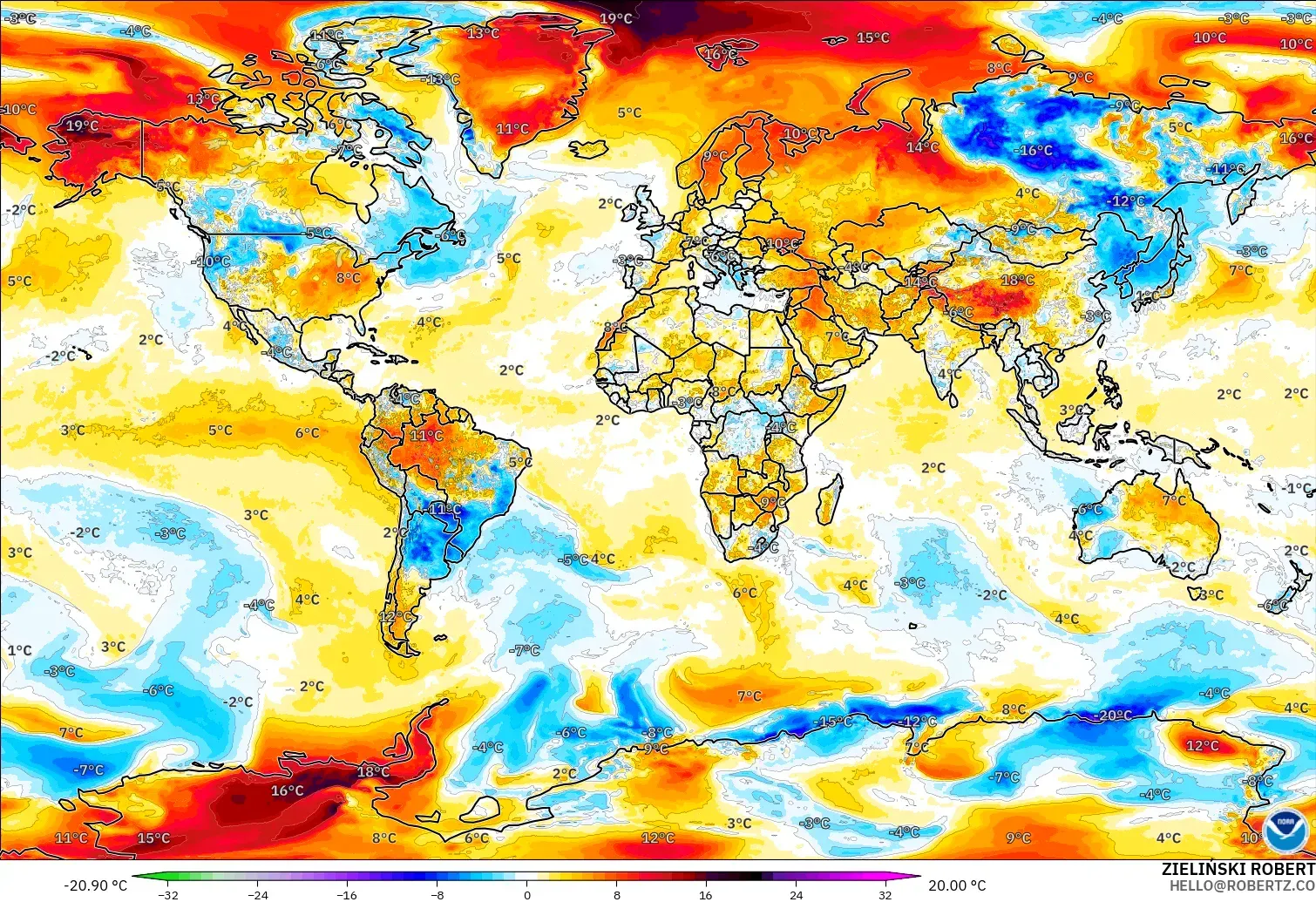 GFS モデル - 世界, 気温異常（2m）