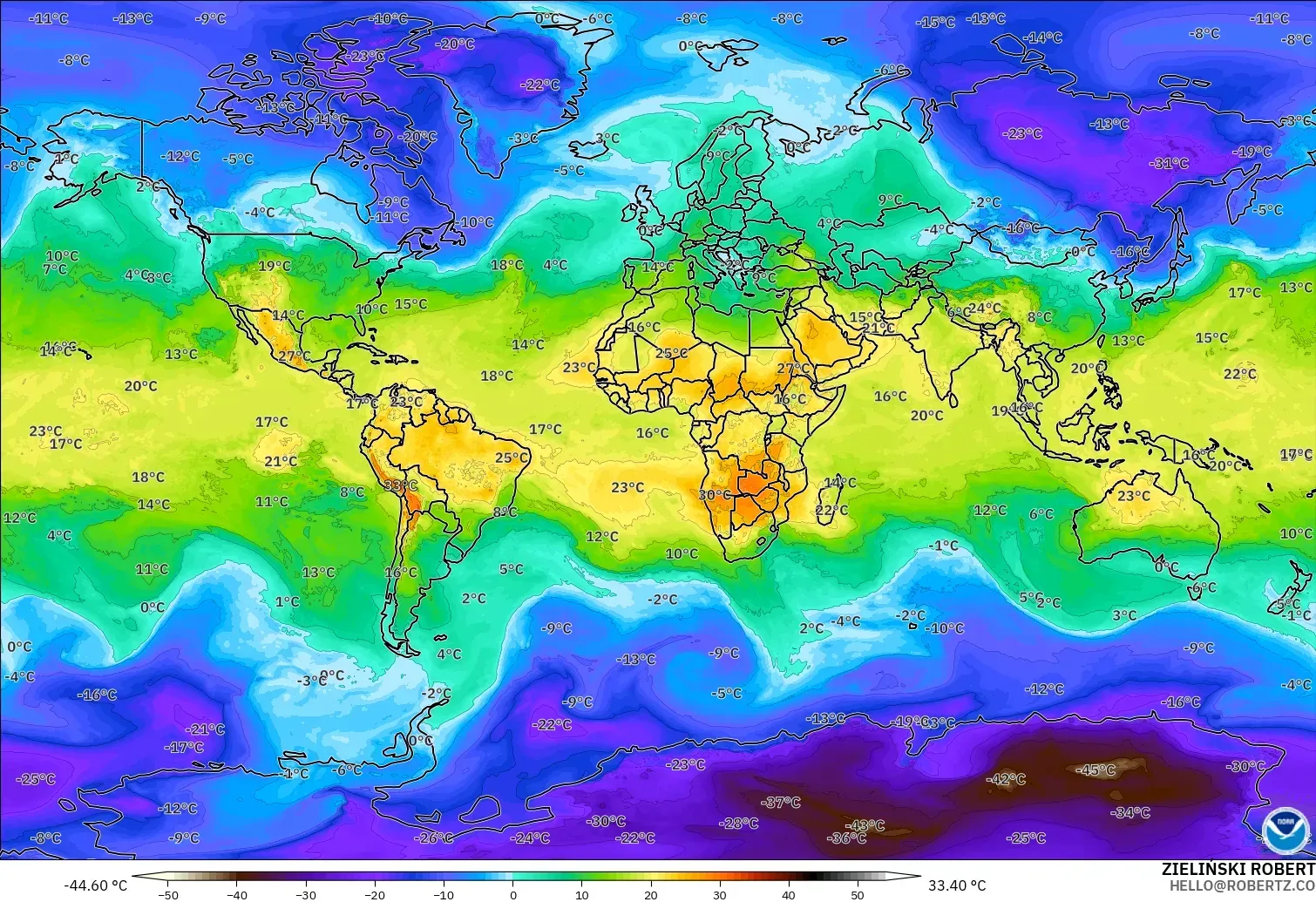 GFS モデル - 世界, 気温（850hPa）