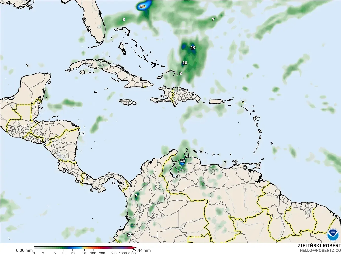 GFS モデル - カリブ海, 降水量の合計