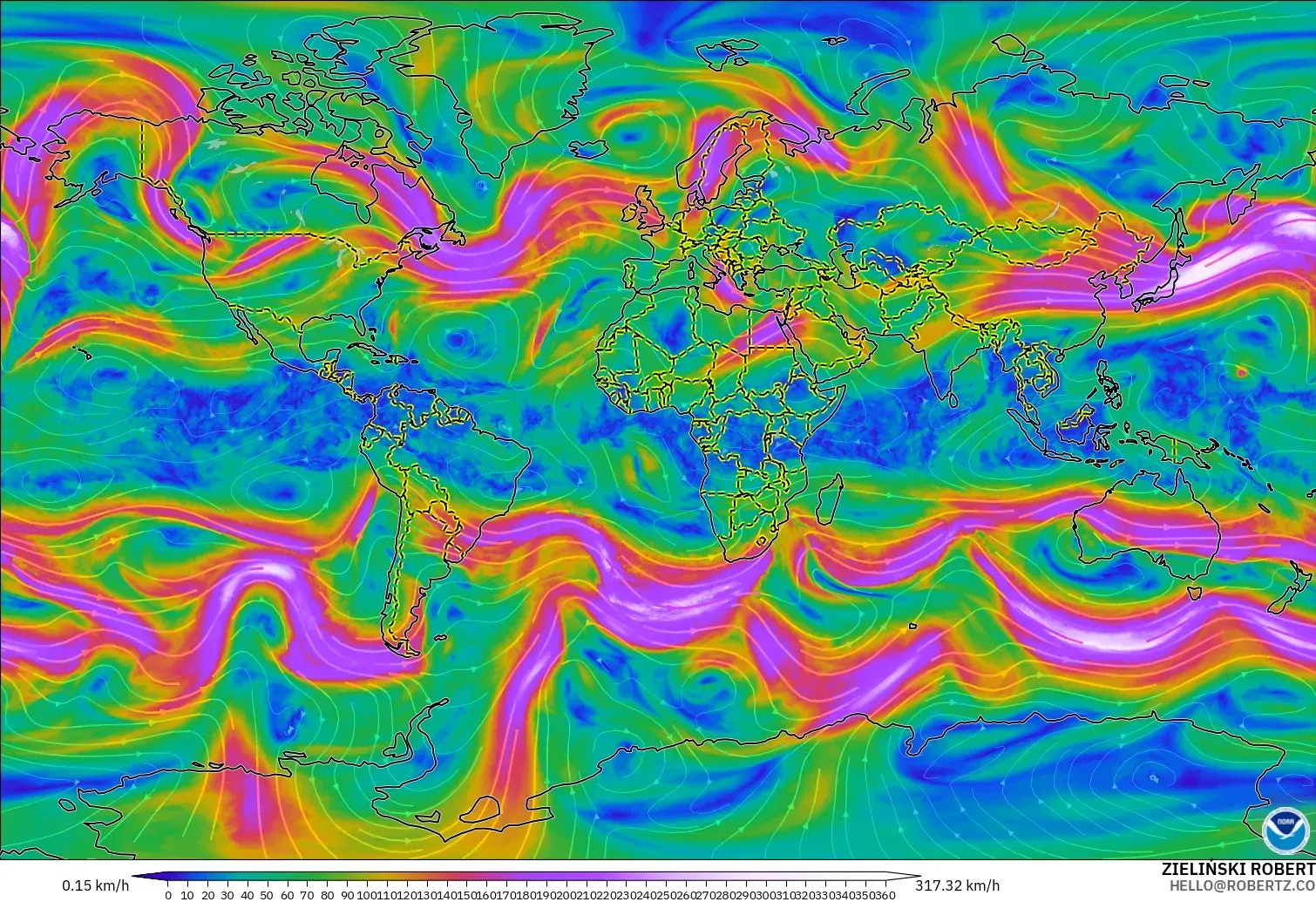 GFS モデル - 世界, 風速（300hPa）