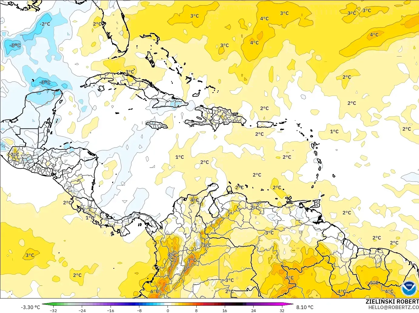 GFS モデル - カリブ海, 気温異常（850hPa）