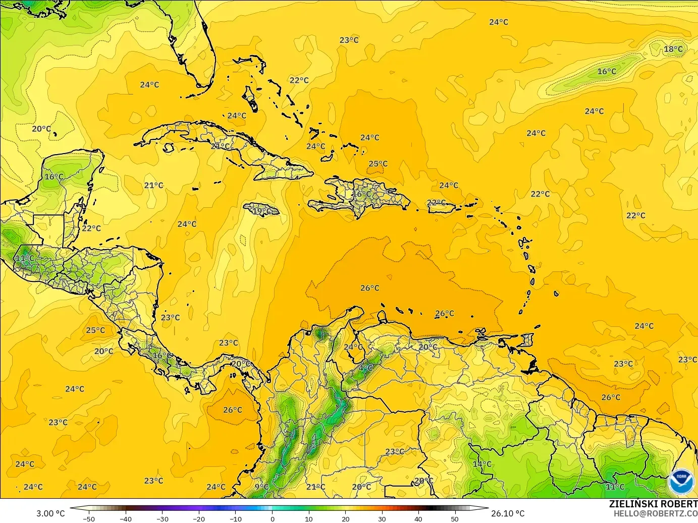GFS モデル - カリブ海, 露点温度（2m）