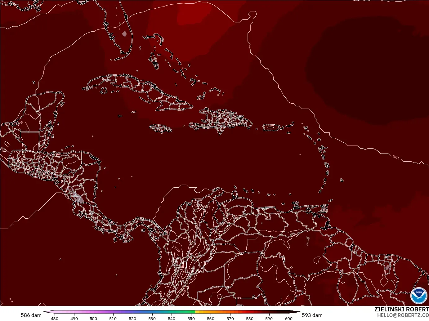 GFS モデル - カリブ海, 500hPaのジオポテンシャル高度