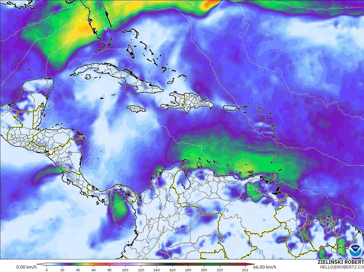 GFS モデル - カリブ海, 突風（最大）