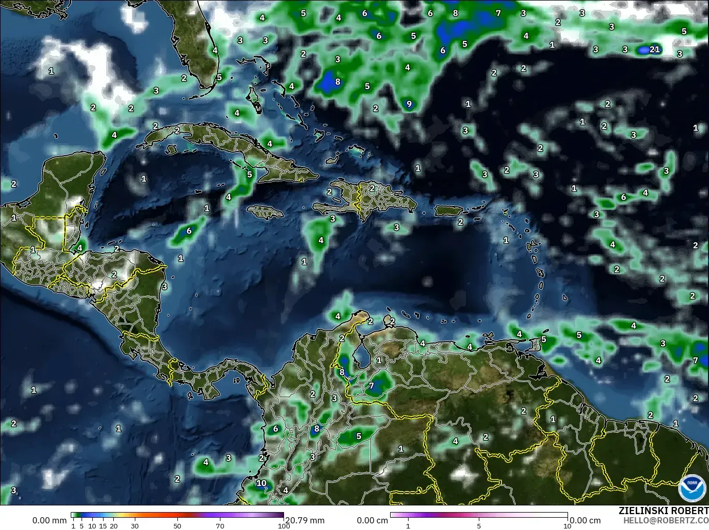 GFS モデル - カリブ海, 降水量、雲、気圧