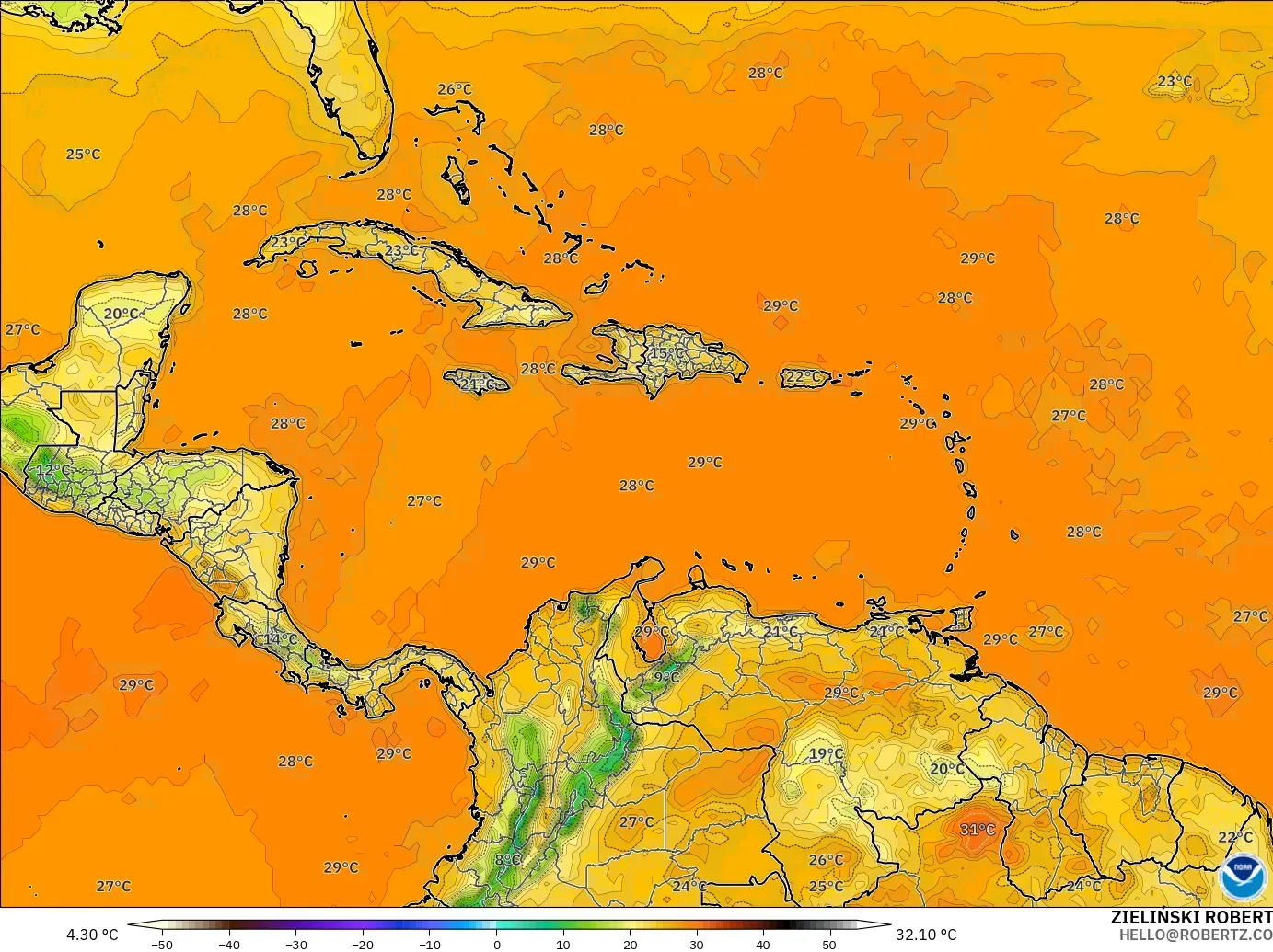 GFS モデル - カリブ海, 気温（2m）