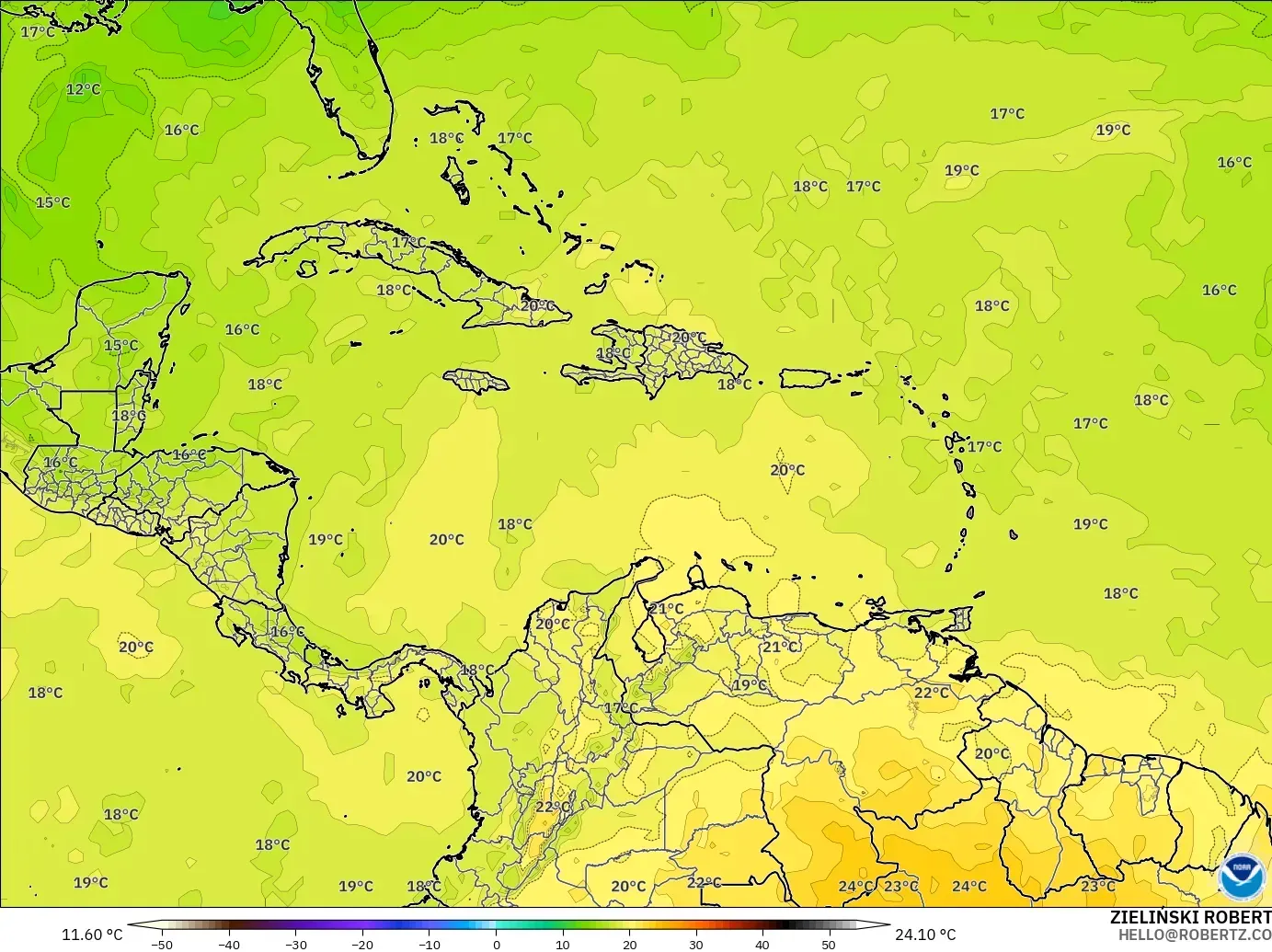GFS モデル - カリブ海, 気温（850hPa）