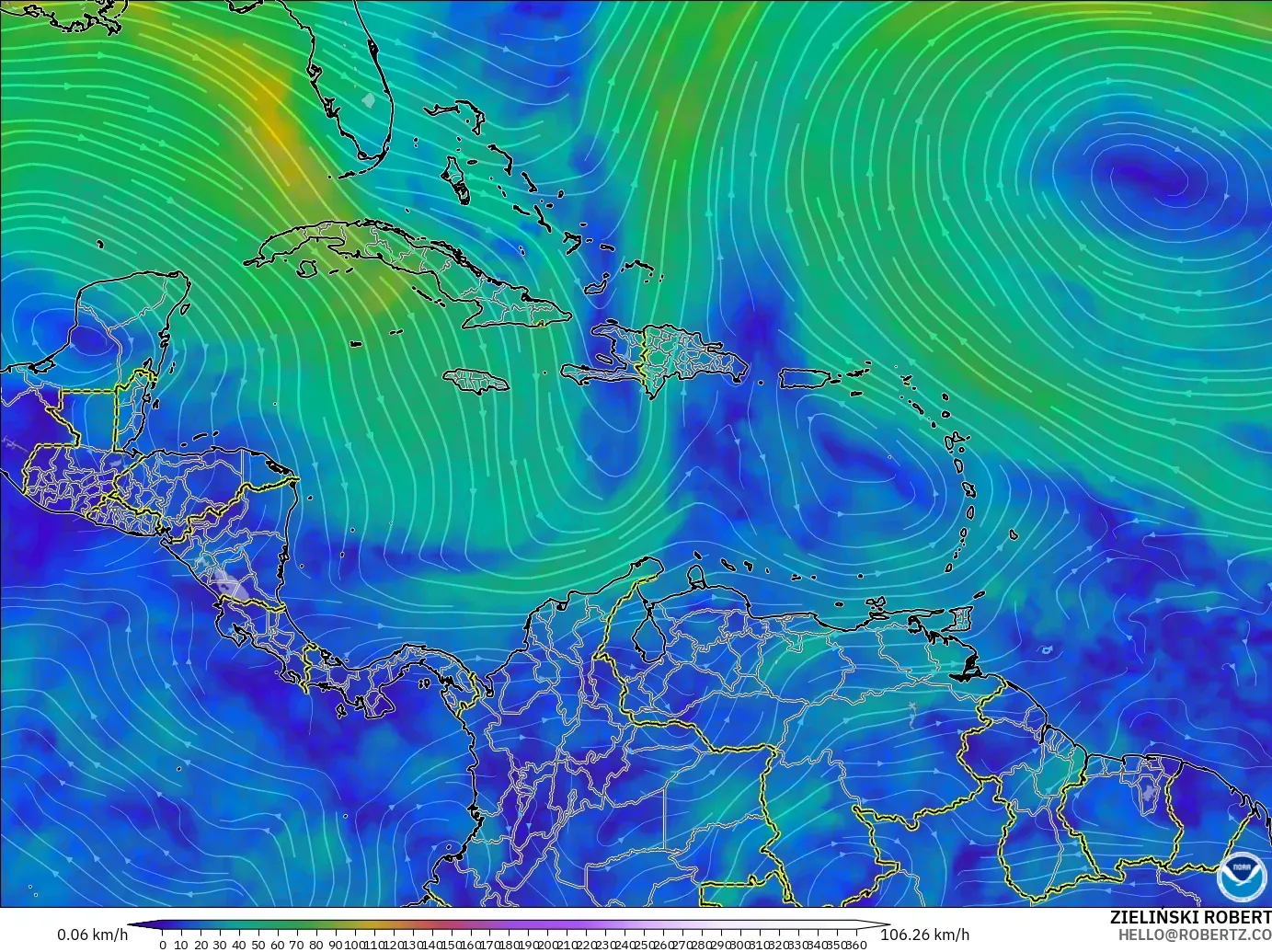 GFS モデル - カリブ海, 風速（300hPa）
