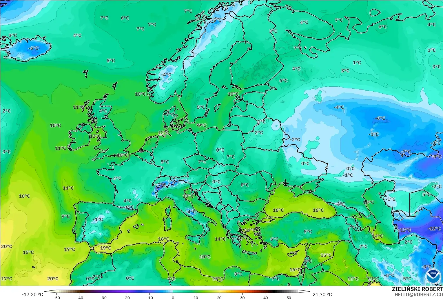 GFS モデル - ヨーロッパ, 露点温度（2m）