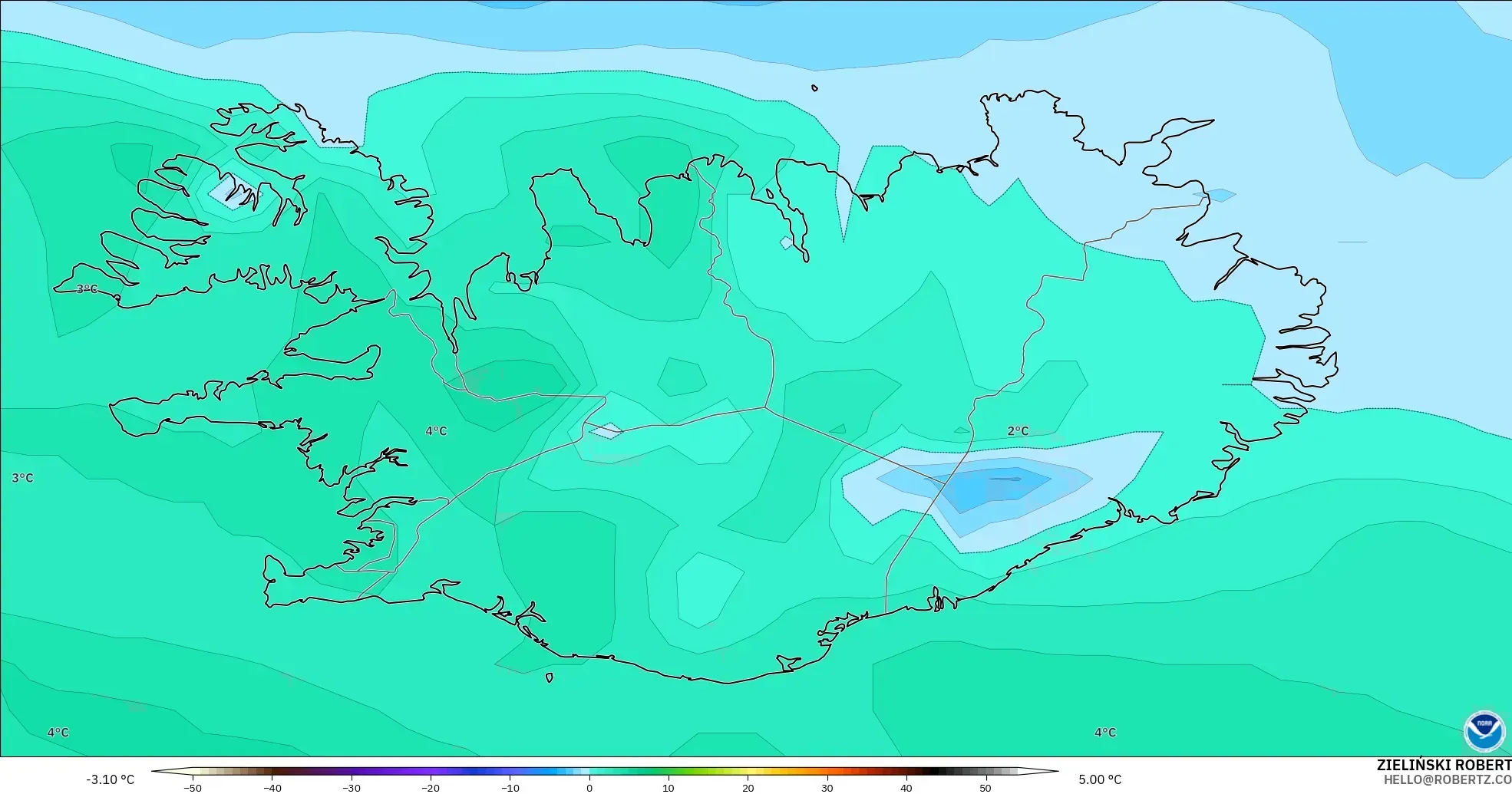 GFS モデル - アイスランド, 気温（850hPa）