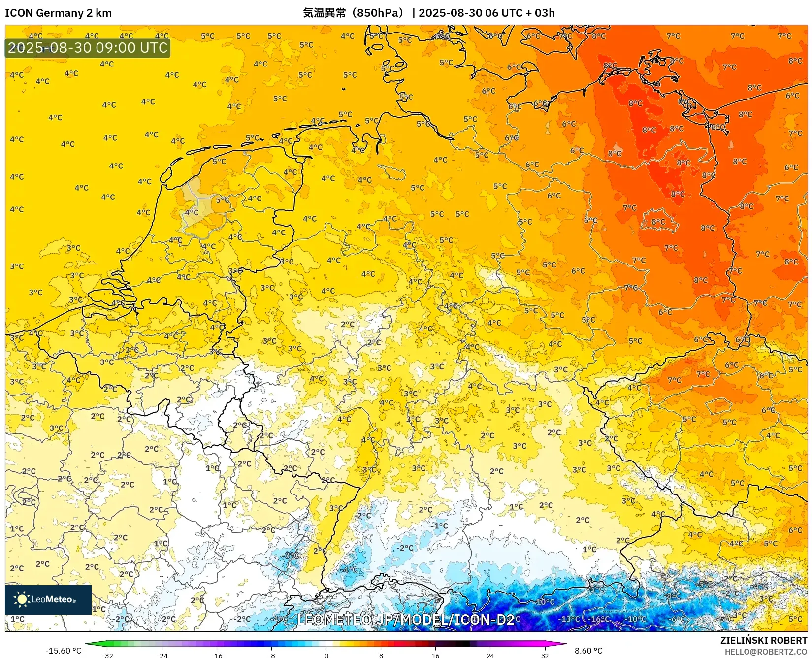 ICON ドイツ 2 km model - ドイツ, 気温異常(850hPa) ICON ドイツ 2 km model - ドイツ, 気温異常(850hPa)