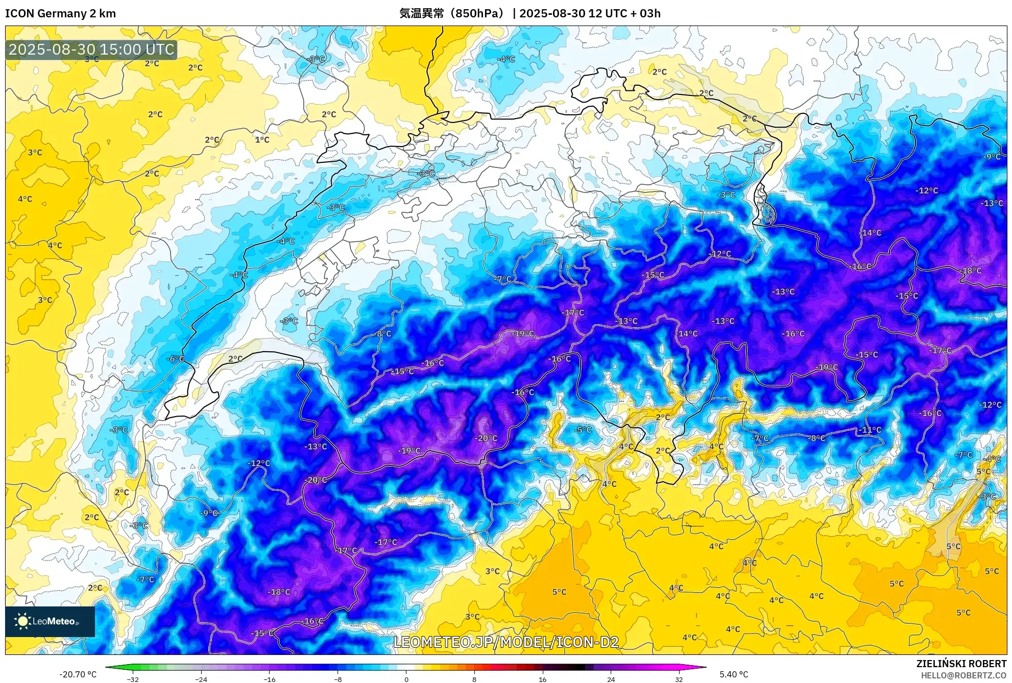 ICON ドイツ 2 km model - スイス, 気温異常(850hPa) ICON ドイツ 2 km model - スイス, 気温異常(850hPa)