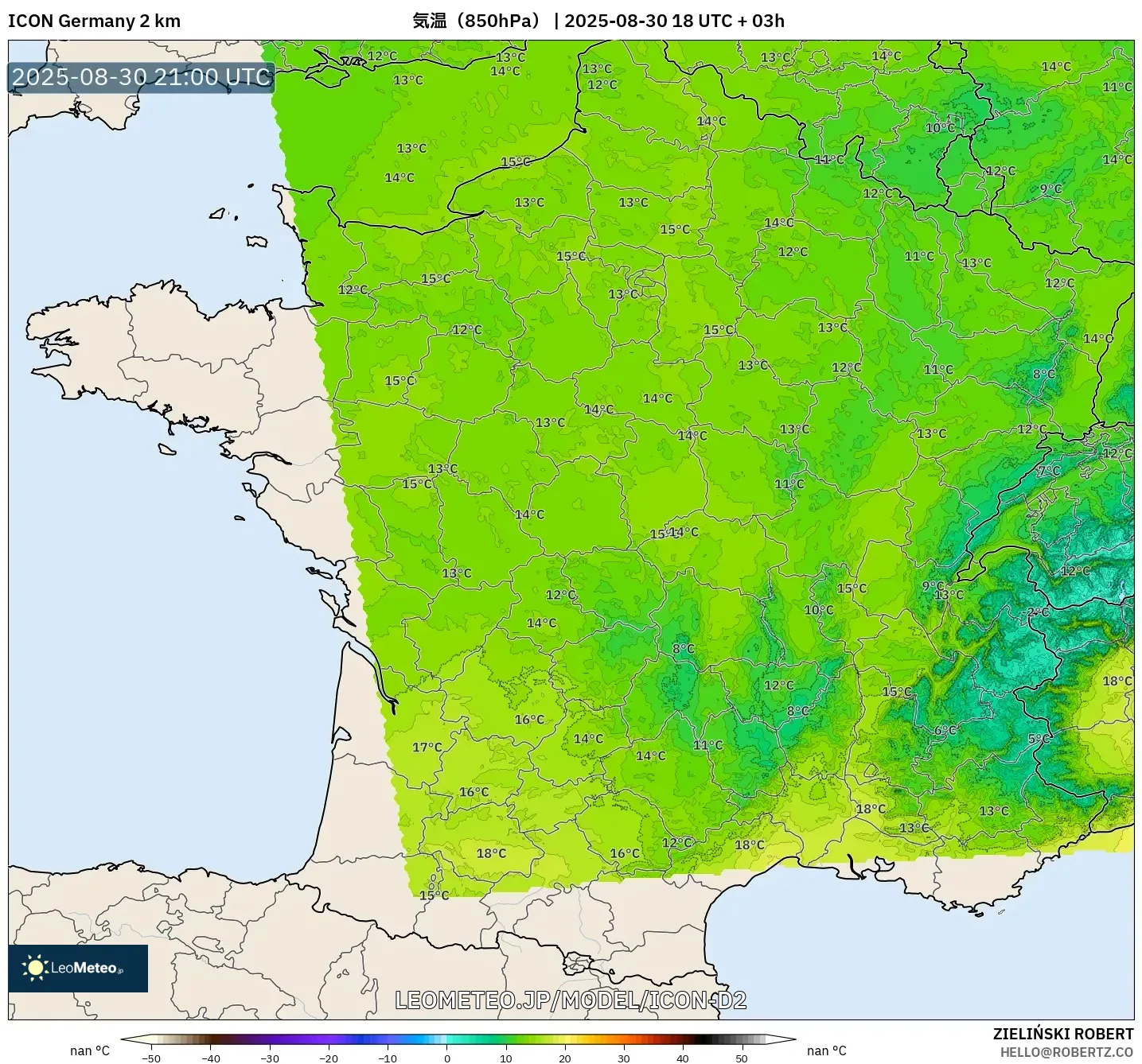ICON ドイツ 2 km model - フランス, 気温(850hPa) ICON ドイツ 2 km model - フランス, 気温(850hPa)