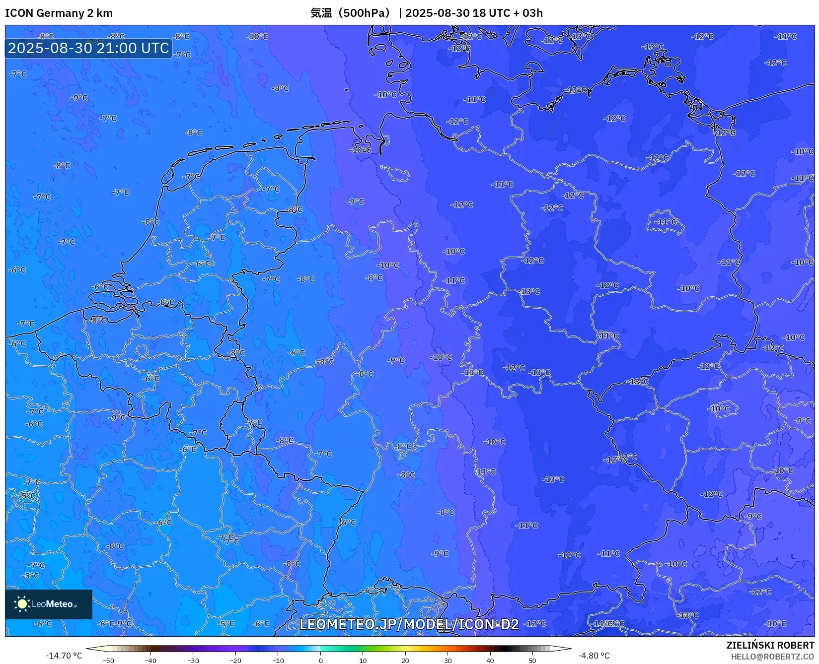 ICON ドイツ 2 km model - ドイツ, 気温(500hPa) ICON ドイツ 2 km model - ドイツ, 気温(500hPa)