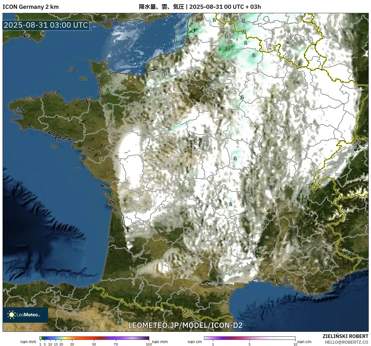 ICON ドイツ 2 km model - フランス, 降水量、雲、気圧 ICON ドイツ 2 km model - フランス, 降水量、雲、気圧