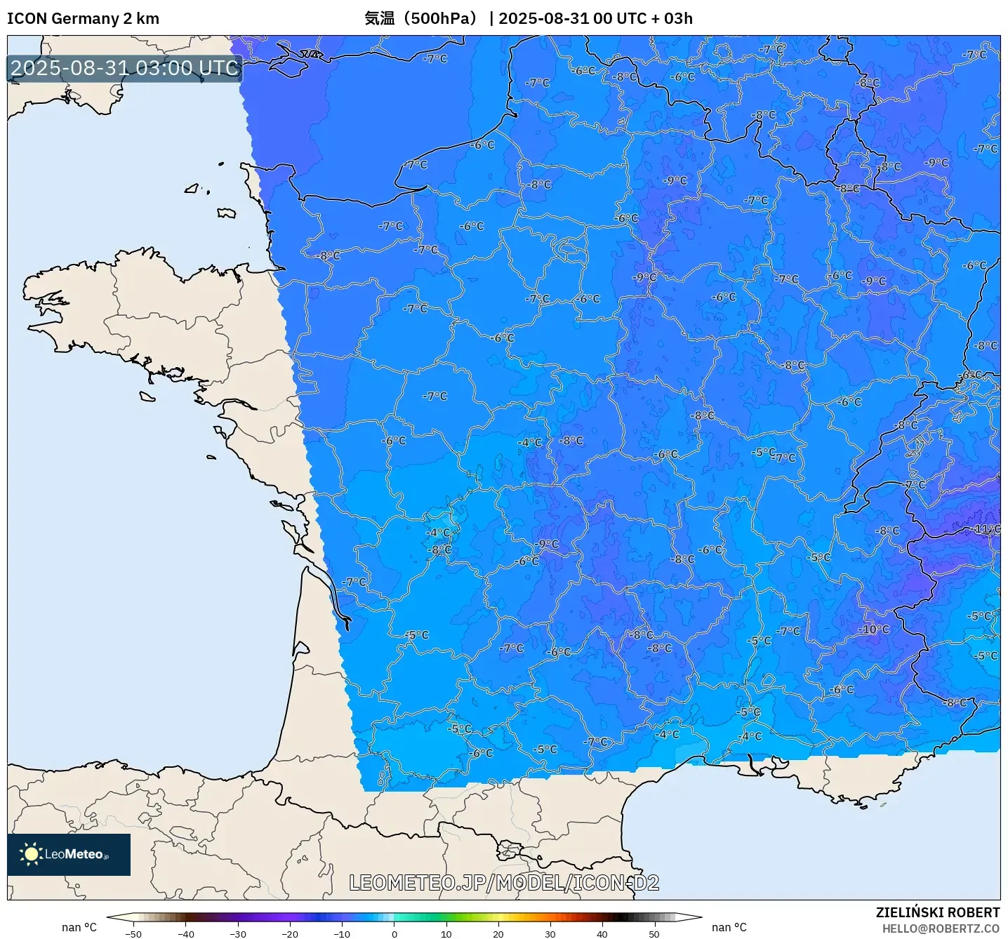 ICON ドイツ 2 km model - フランス, 気温(500hPa) ICON ドイツ 2 km model - フランス, 気温(500hPa)