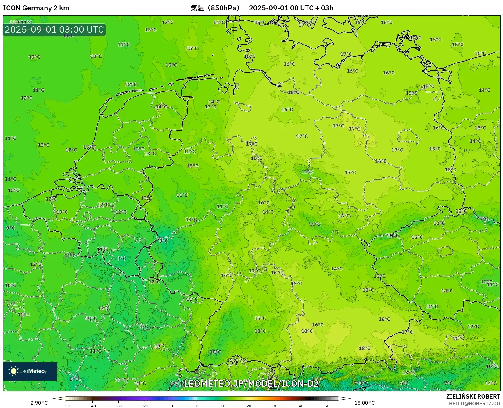 ICON ドイツ 2 km model - ドイツ, 気温(850hPa) ICON ドイツ 2 km model - ドイツ, 気温(850hPa)