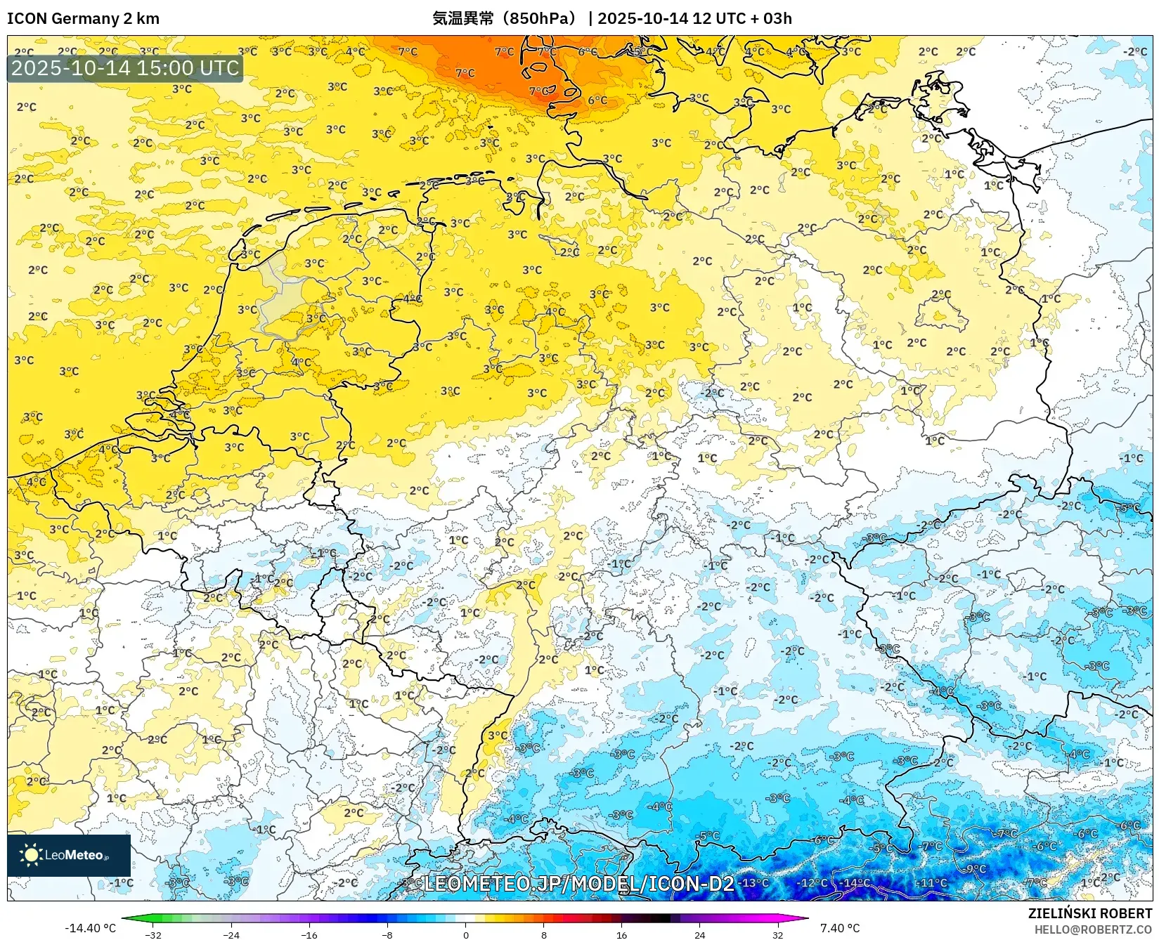 ICON ドイツ 2 km model - ドイツ, 気温異常(850hPa) ICON ドイツ 2 km model - ドイツ, 気温異常(850hPa)