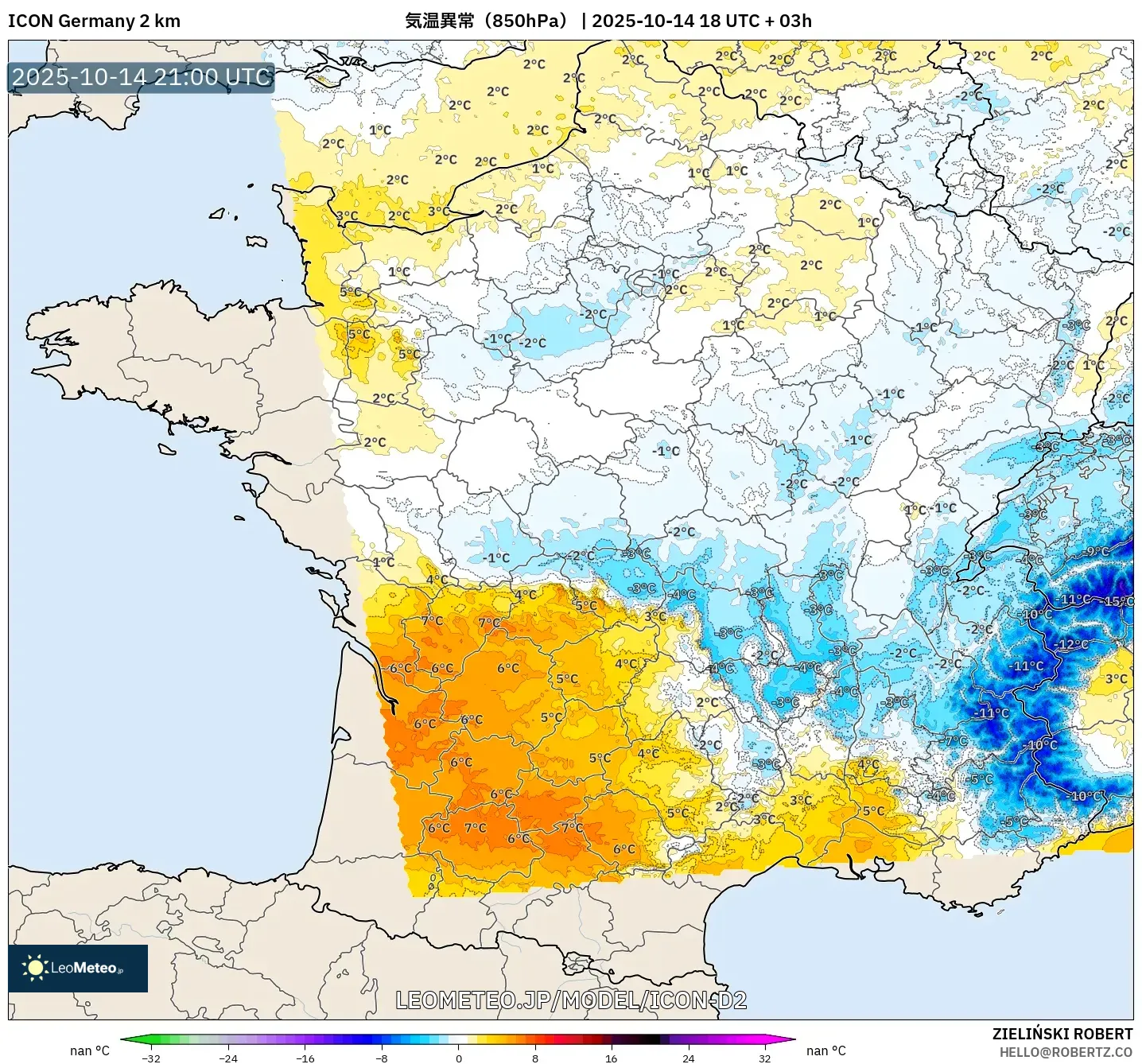 ICON ドイツ 2 km model - フランス, 気温異常(850hPa) ICON ドイツ 2 km model - フランス, 気温異常(850hPa)