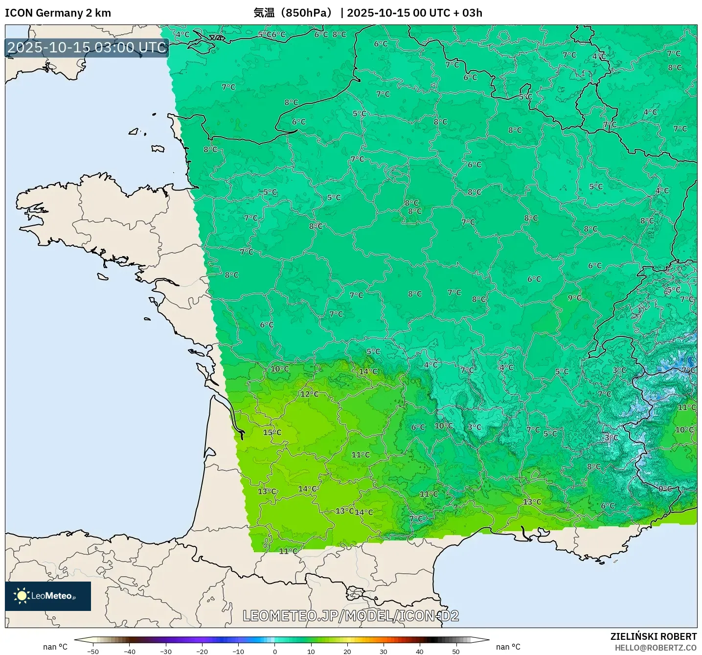 ICON ドイツ 2 km model - フランス, 気温(850hPa) ICON ドイツ 2 km model - フランス, 気温(850hPa)