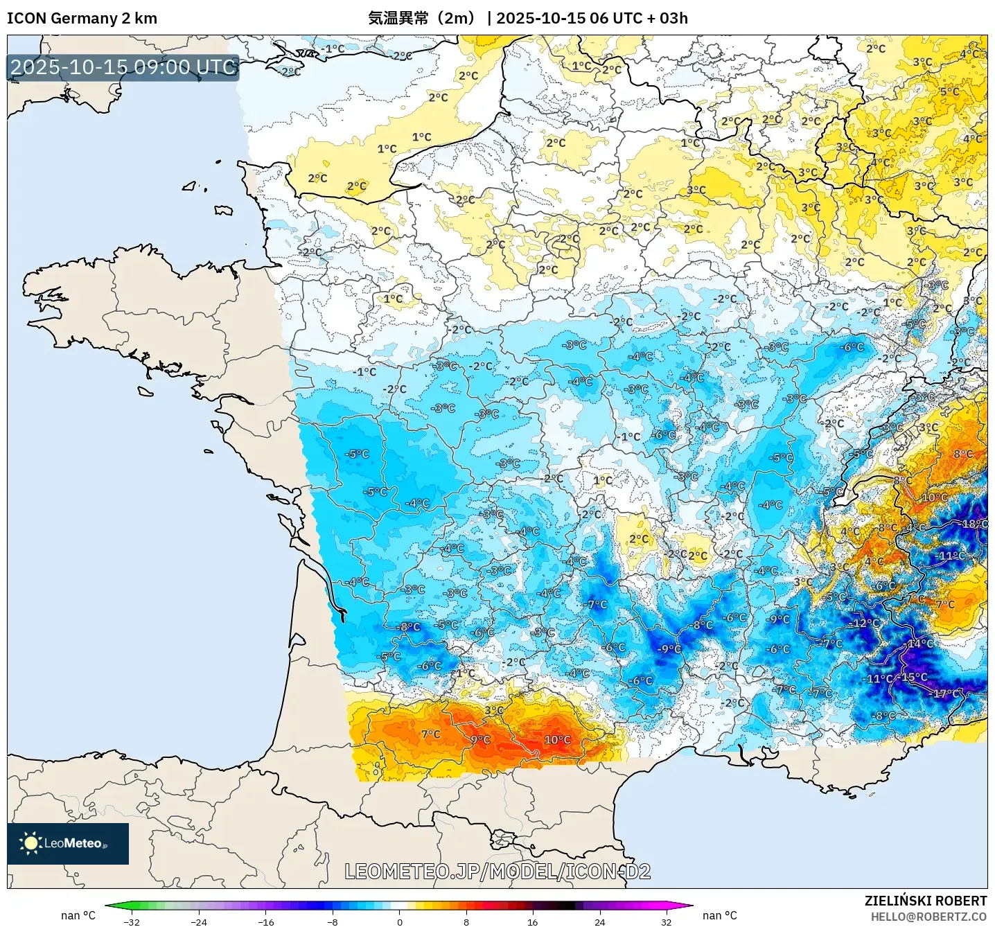 ICON ドイツ 2 km model - フランス, 気温異常(2m) ICON ドイツ 2 km model - フランス, 気温異常(2m)