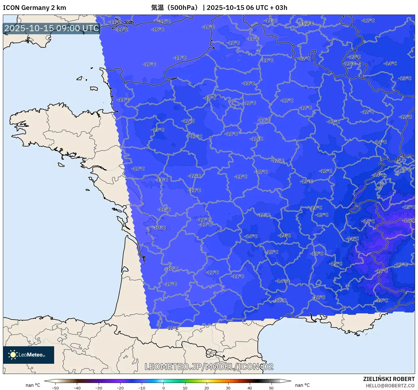 ICON ドイツ 2 km model - フランス, 気温(500hPa) ICON ドイツ 2 km model - フランス, 気温(500hPa)
