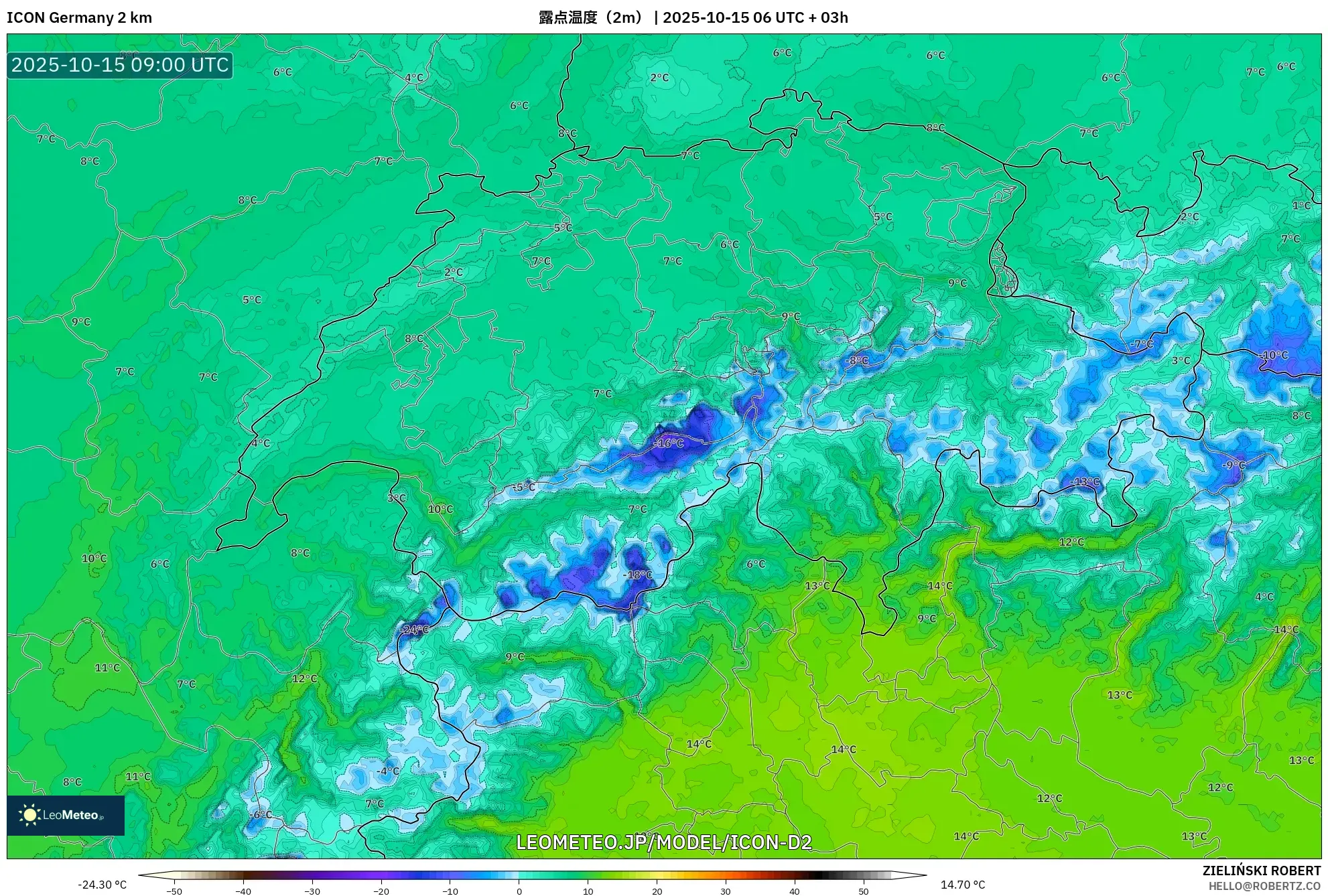 ICON ドイツ 2 km model - スイス, 露点温度(2m) ICON ドイツ 2 km model - スイス, 露点温度(2m)