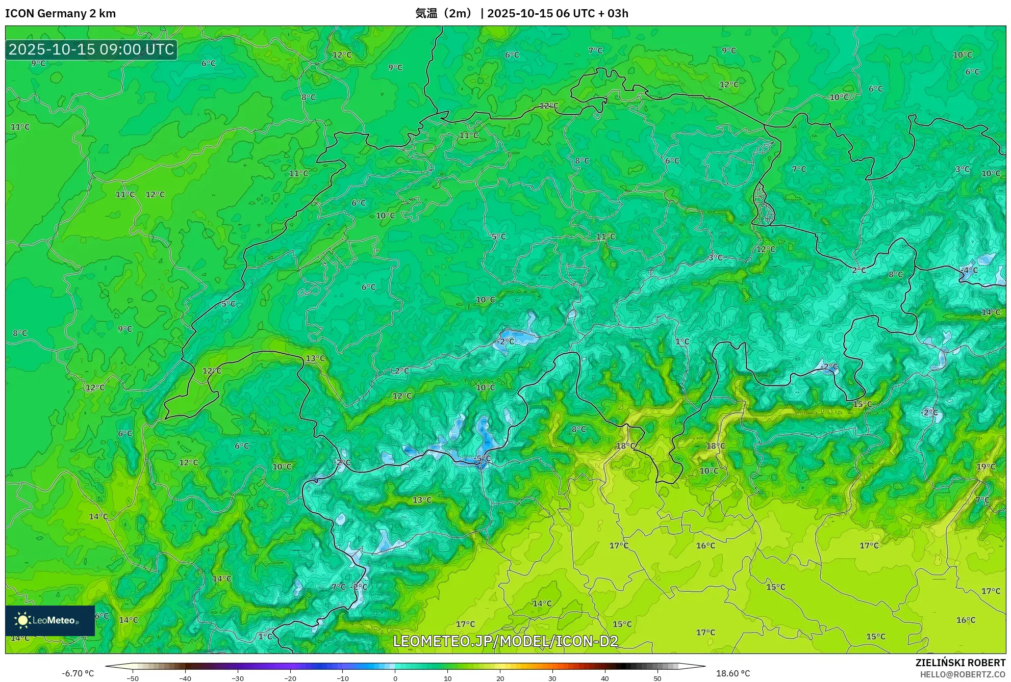 ICON ドイツ 2 km model - スイス, 気温(2m) ICON ドイツ 2 km model - スイス, 気温(2m)