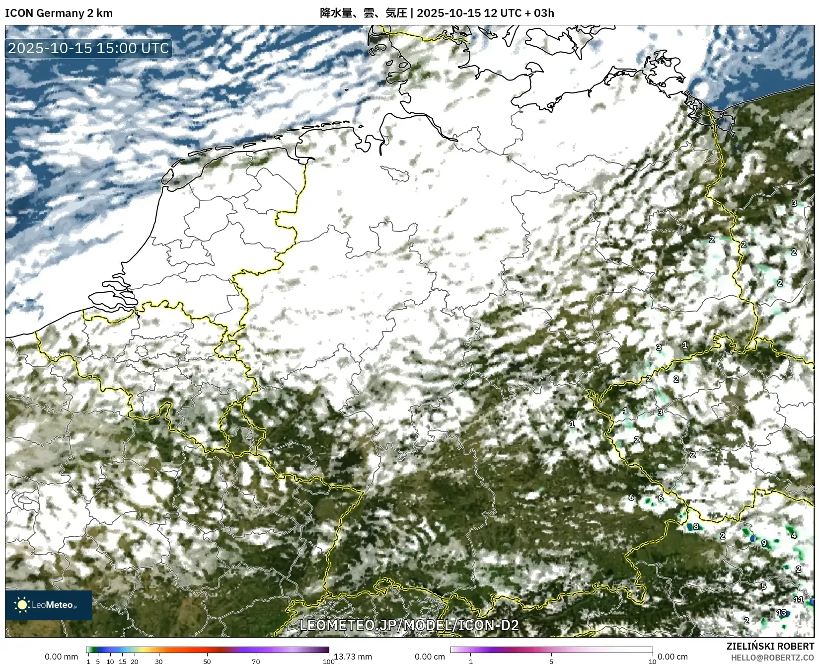 ICON ドイツ 2 km model - ドイツ, 降水量、雲、気圧 ICON ドイツ 2 km model - ドイツ, 降水量、雲、気圧