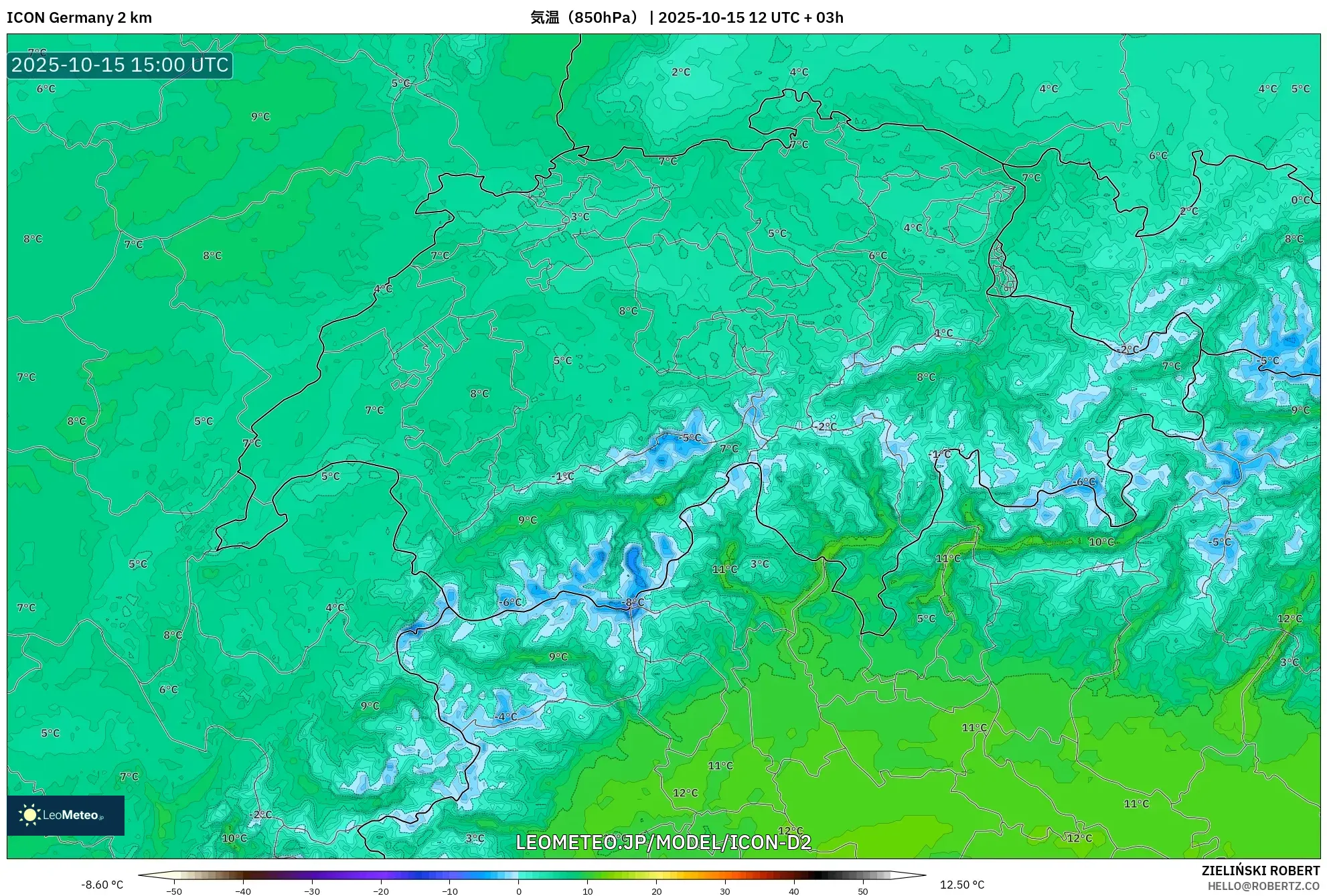 ICON ドイツ 2 km model - スイス, 気温(850hPa) ICON ドイツ 2 km model - スイス, 気温(850hPa)