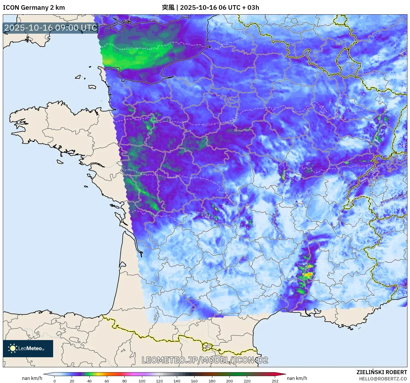 ICON ドイツ 2 km model - フランス, 突風 ICON ドイツ 2 km model - フランス, 突風