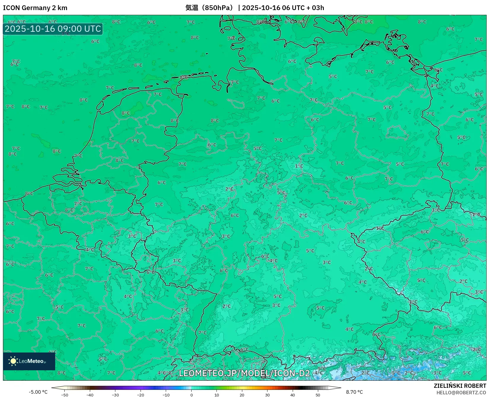 ICON ドイツ 2 km model - ドイツ, 気温(850hPa) ICON ドイツ 2 km model - ドイツ, 気温(850hPa)
