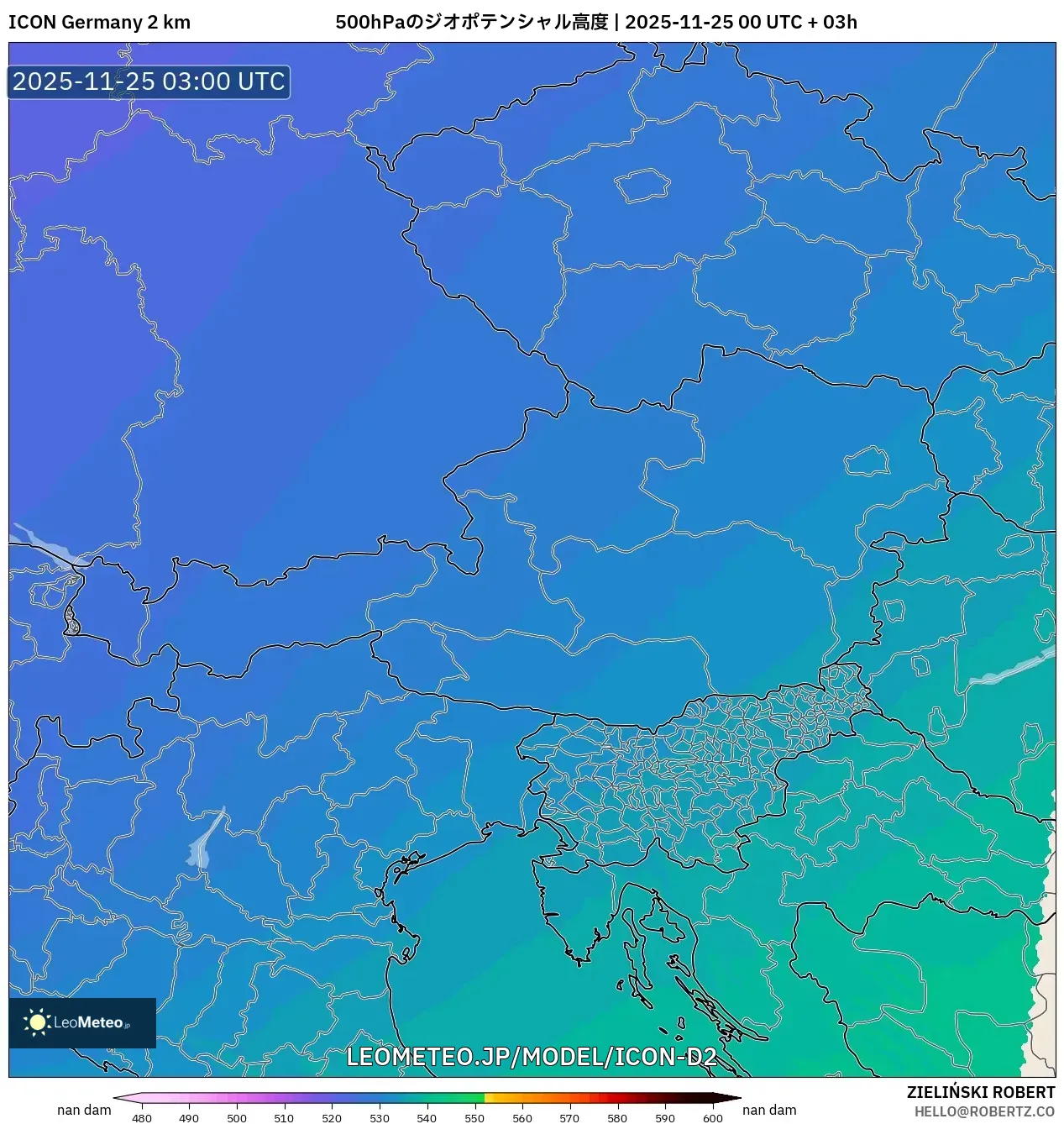 ICON ドイツ 2 km model - オーストリア, 500hPaのジオポテンシャル高度