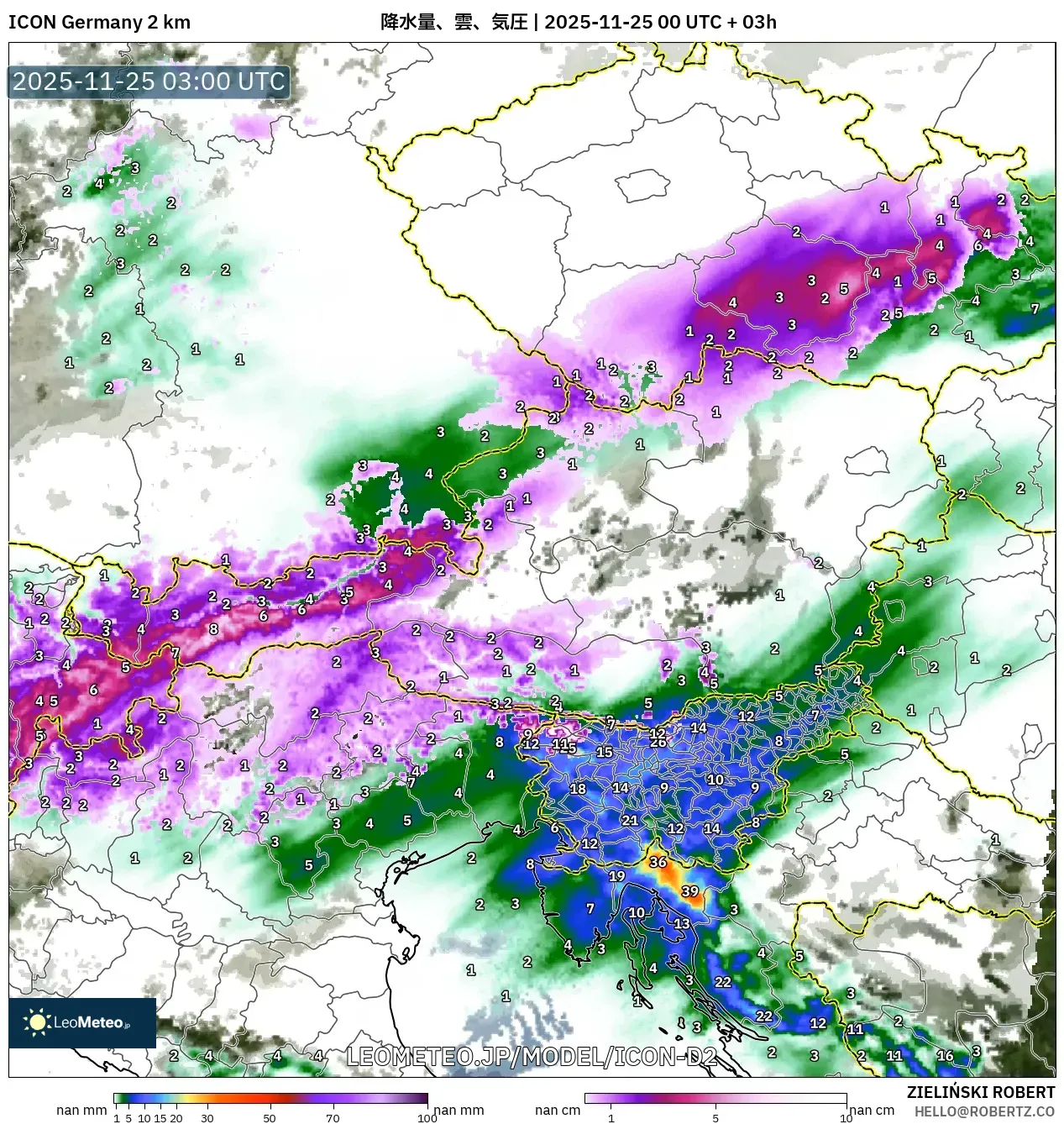 ICON ドイツ 2 km model - オーストリア, 降水量、雲、気圧
