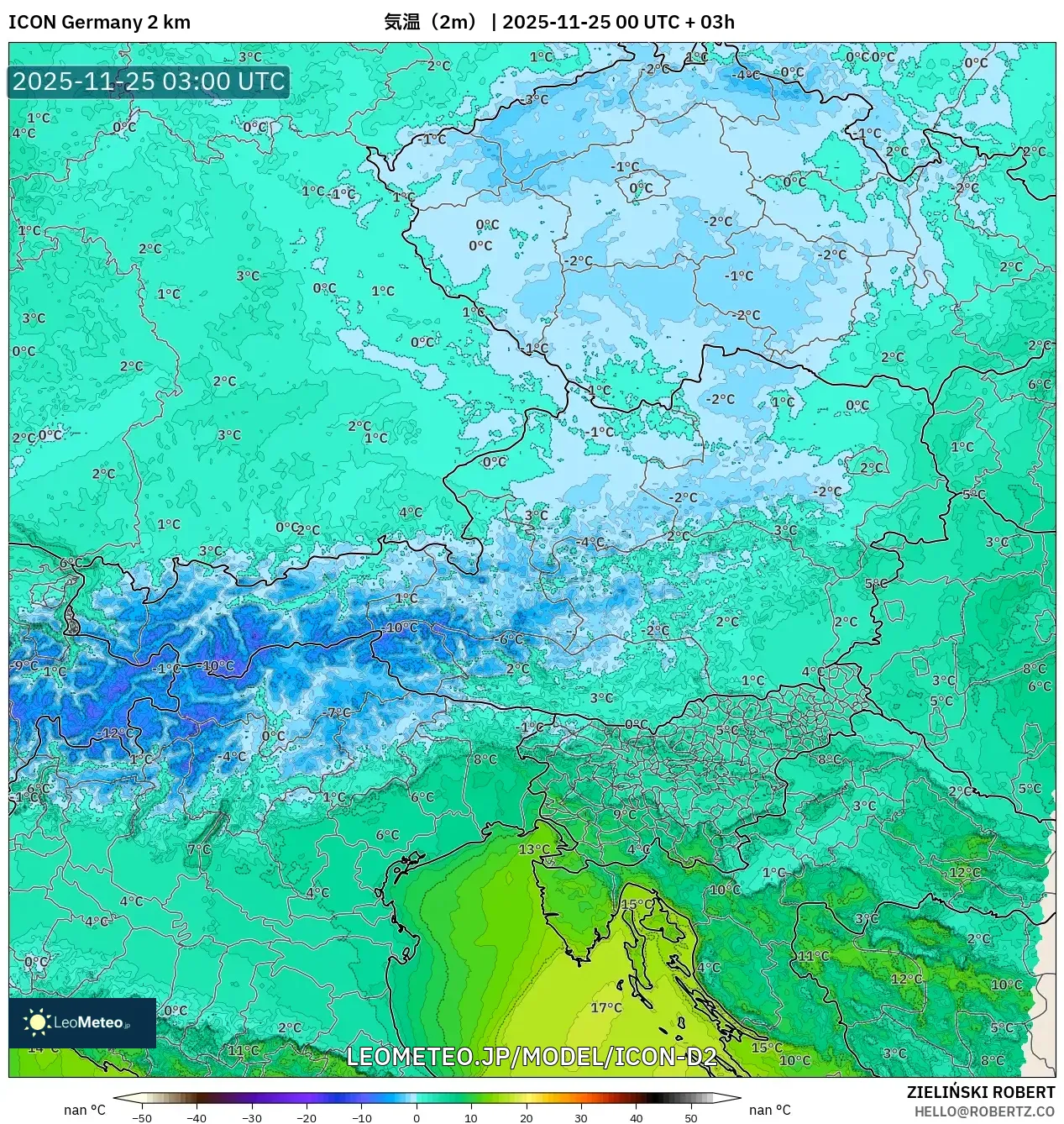 ICON ドイツ 2 km model - オーストリア, 気温（2m）