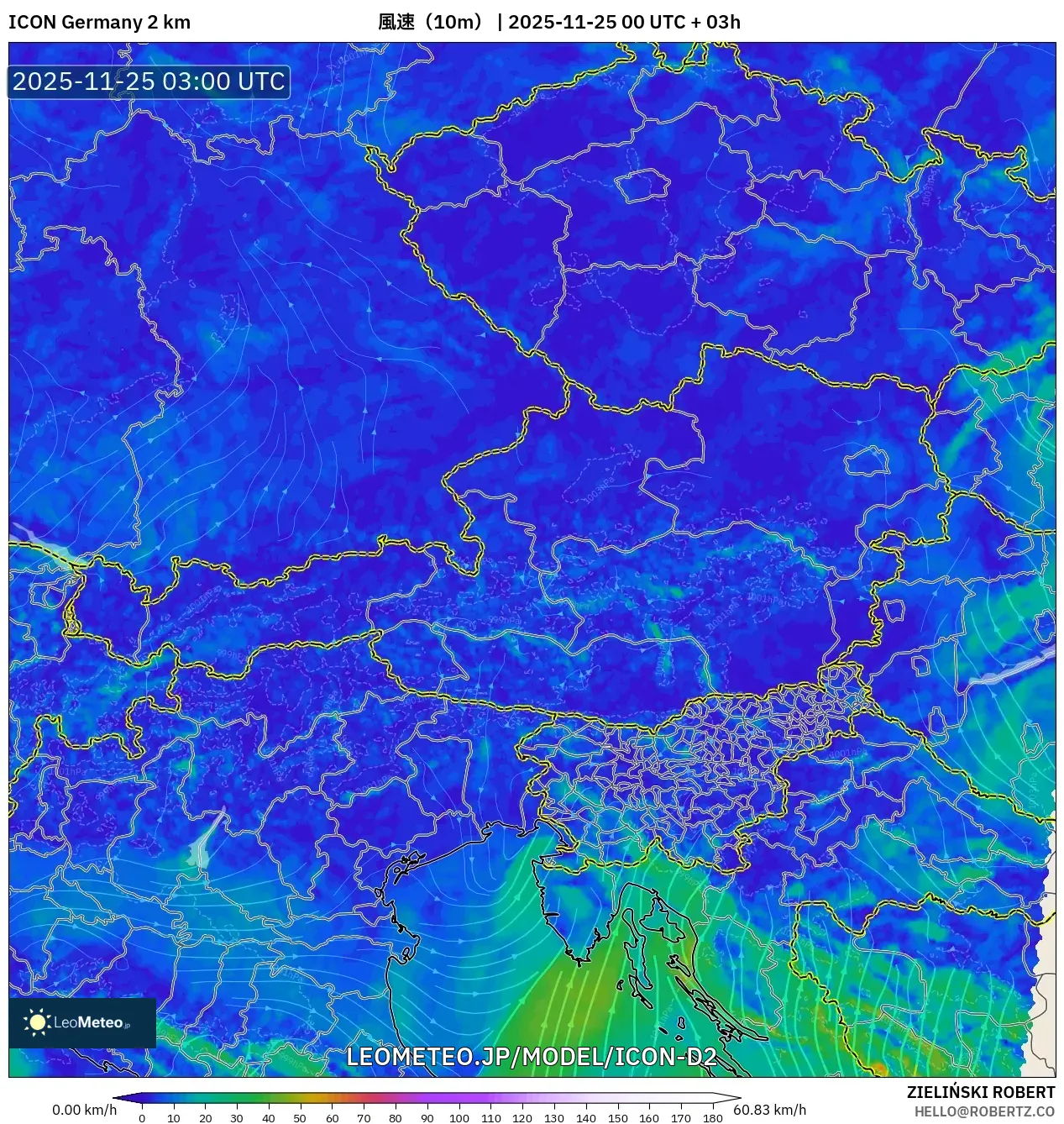 ICON ドイツ 2 km model - オーストリア, 風速（10m）