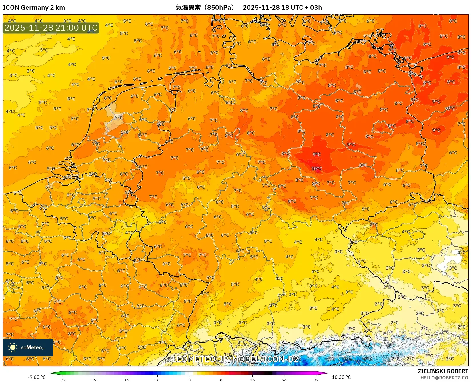 ICON ドイツ 2 km model - ドイツ, 気温異常（850hPa）