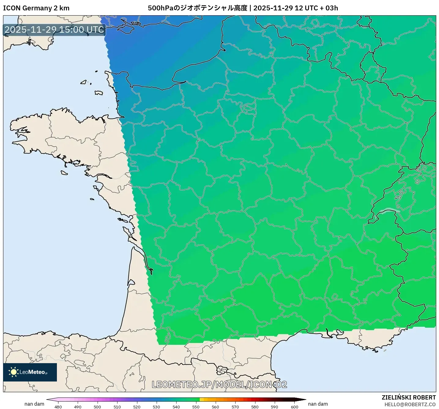 ICON ドイツ 2 km model - フランス, 500hPaのジオポテンシャル高度