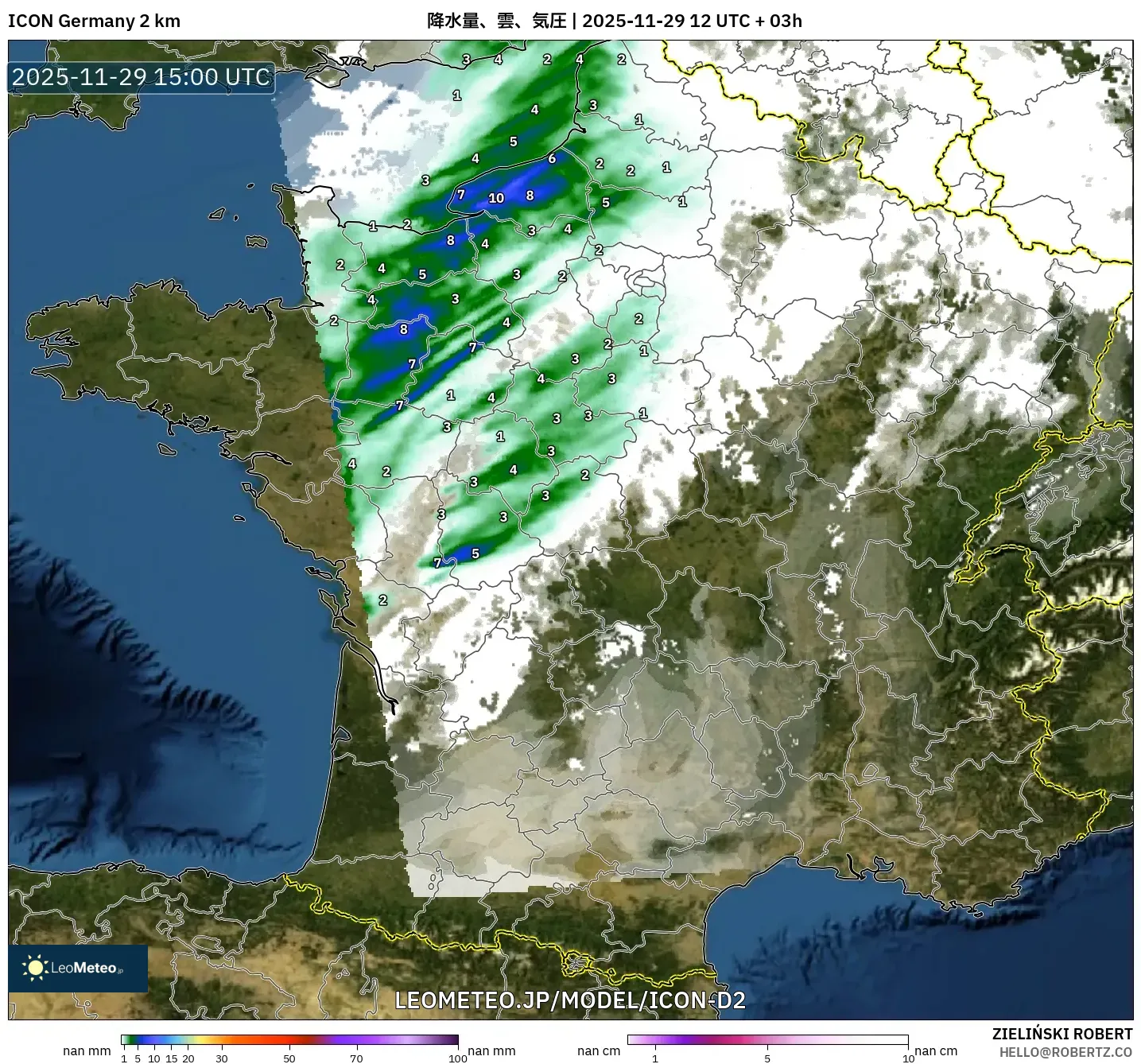 ICON ドイツ 2 km model - フランス, 降水量、雲、気圧