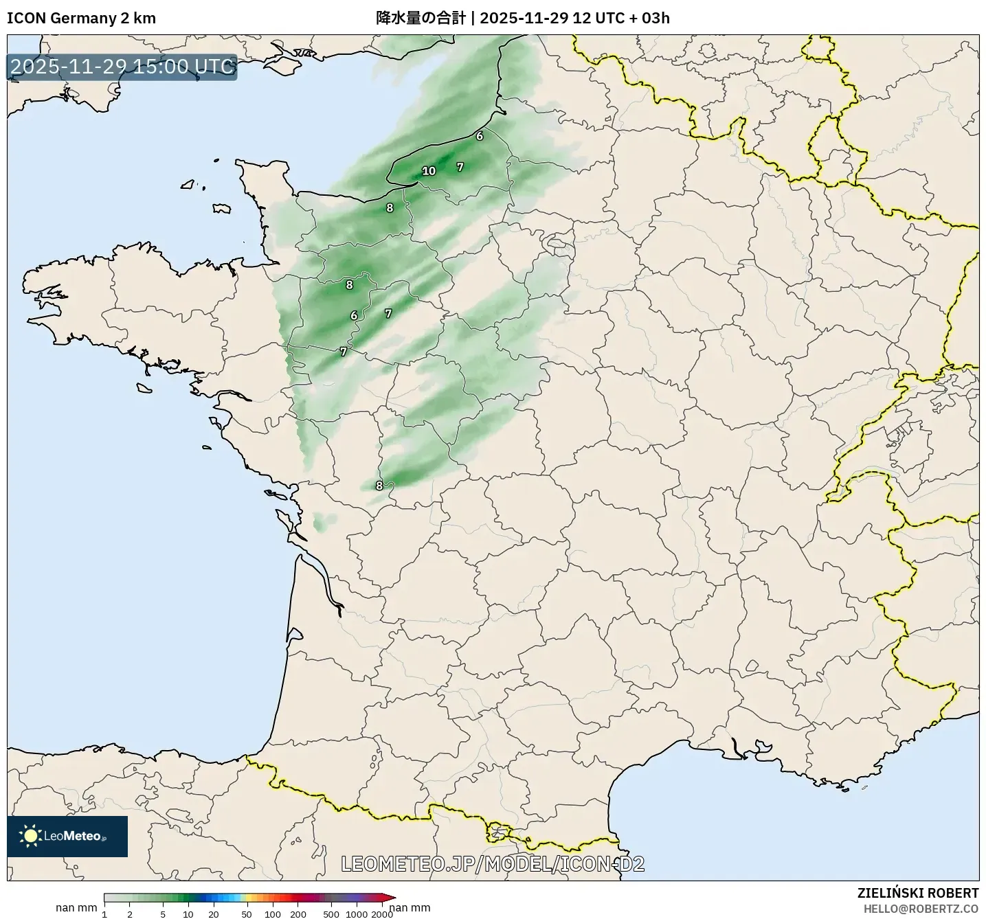 ICON ドイツ 2 km model - フランス, 降水量の合計