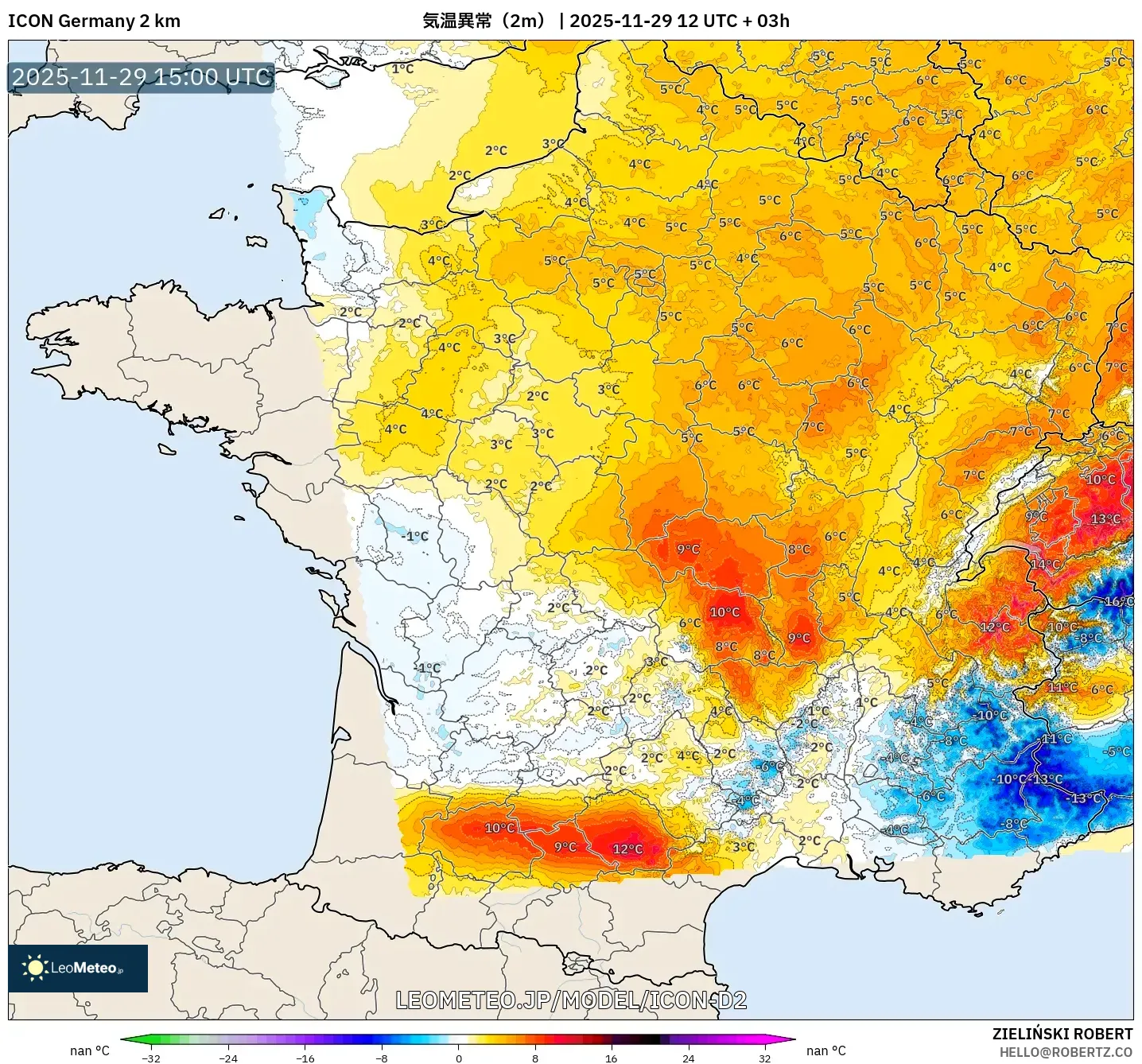 ICON ドイツ 2 km model - フランス, 気温異常（2m）