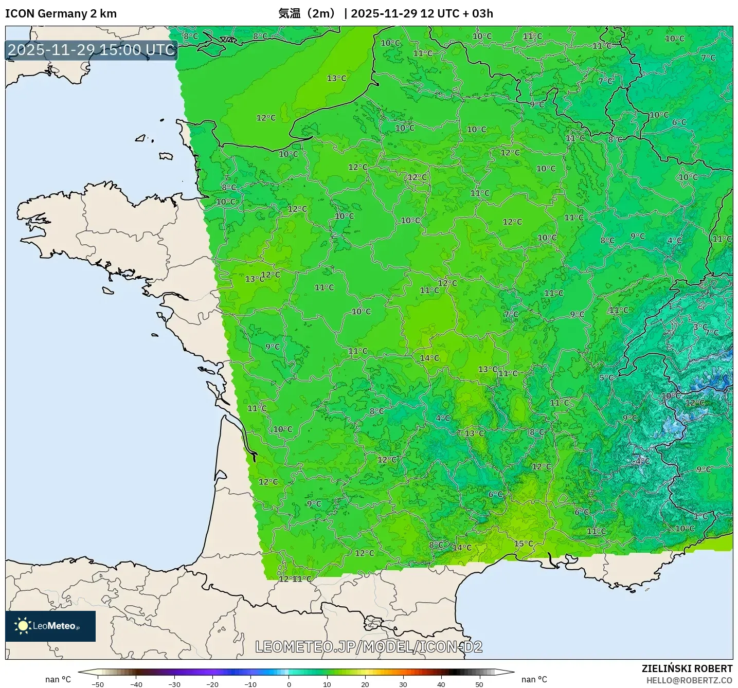 ICON ドイツ 2 km model - フランス, 気温（2m）