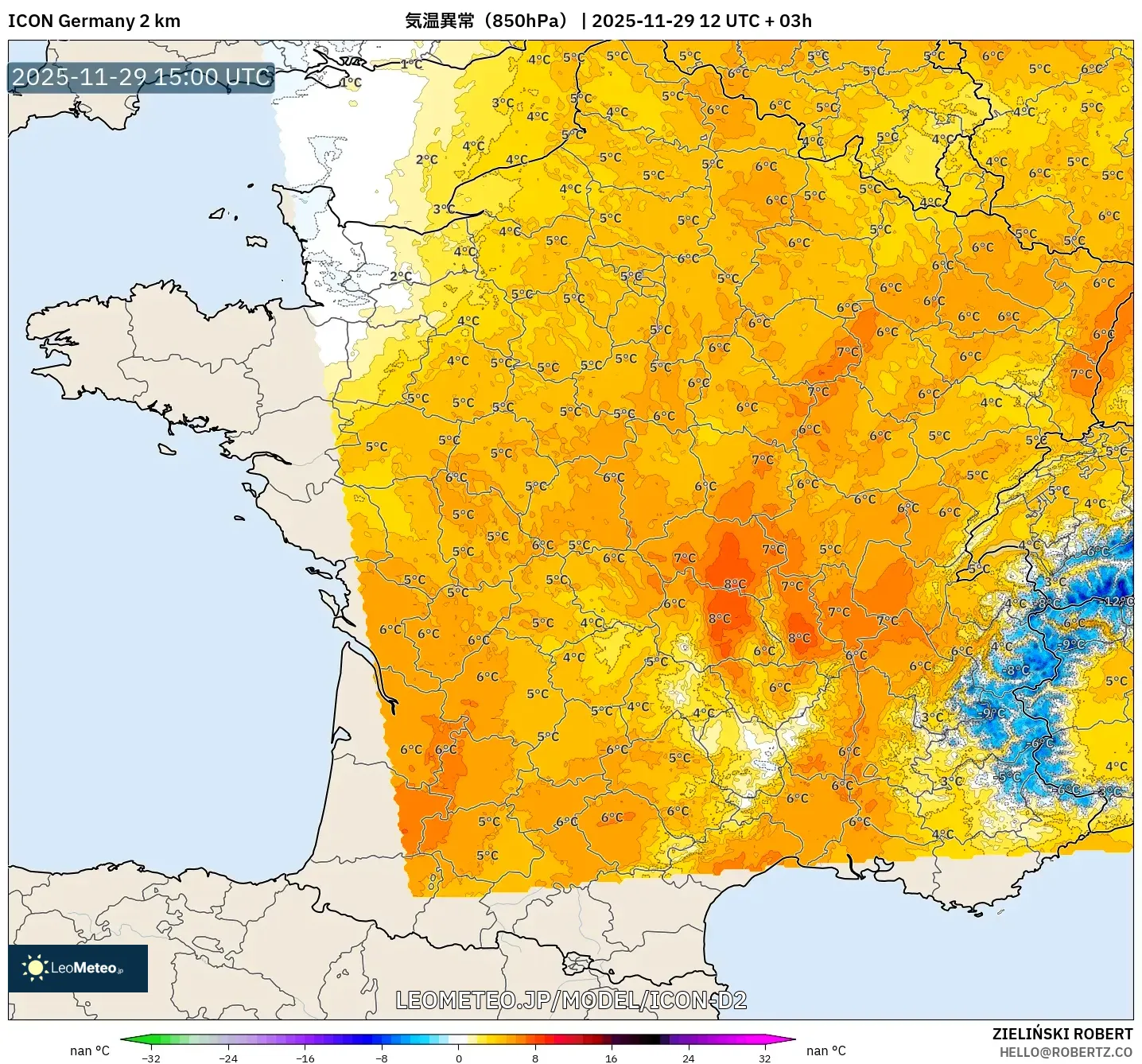 ICON ドイツ 2 km model - フランス, 気温異常（850hPa）